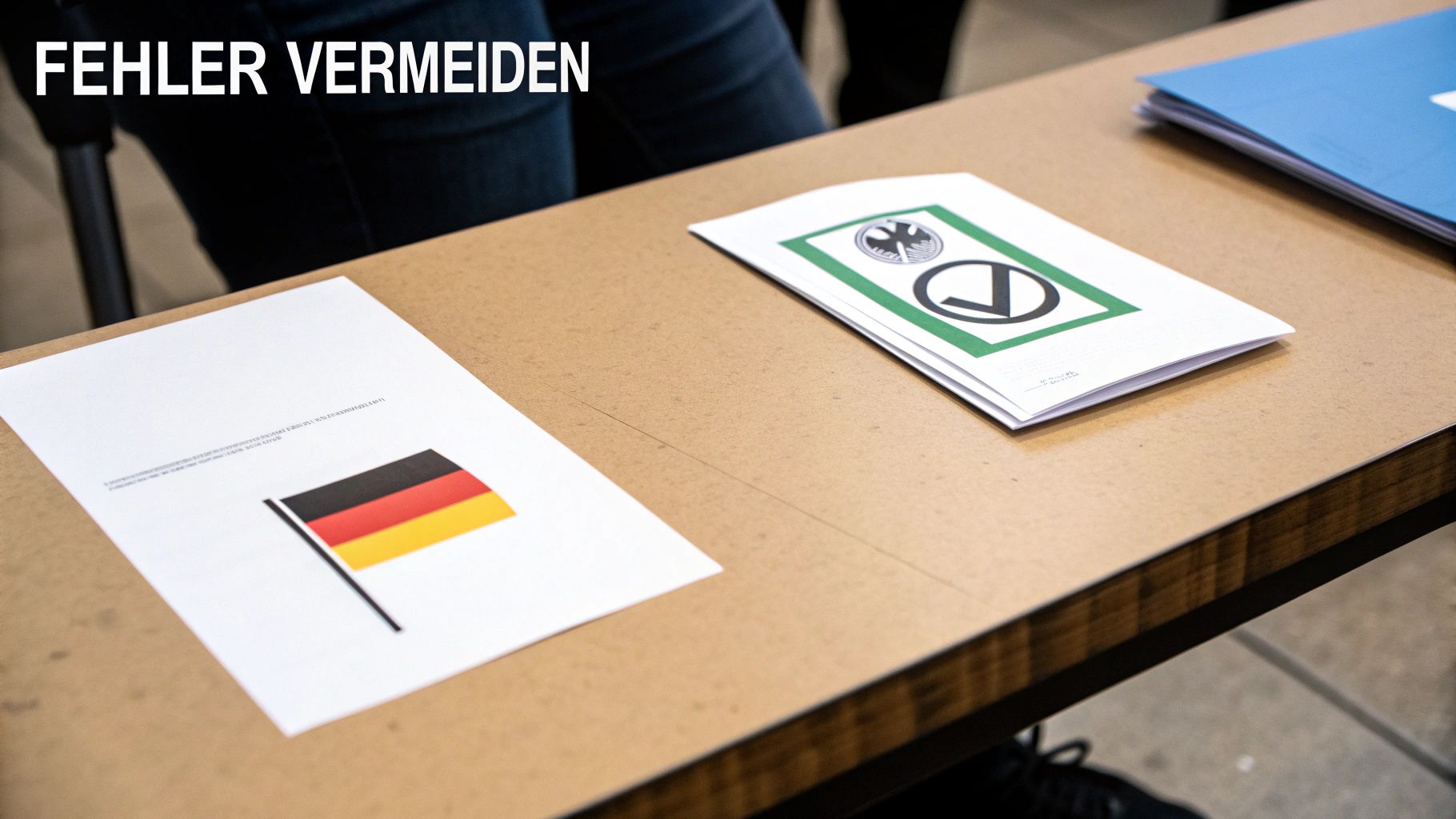 Tisch mit Dokumenten, darunter die deutsche Flagge und ein Wahlsymbol mit Haken. Text: Fehler vermeiden.