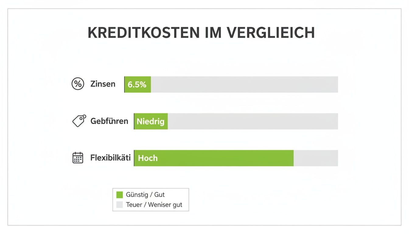 Grafik: Kreditkosten im Vergleich mit Zinsen (6,5%), niedrigen Gebühren und hoher Flexibilität dargestellt.