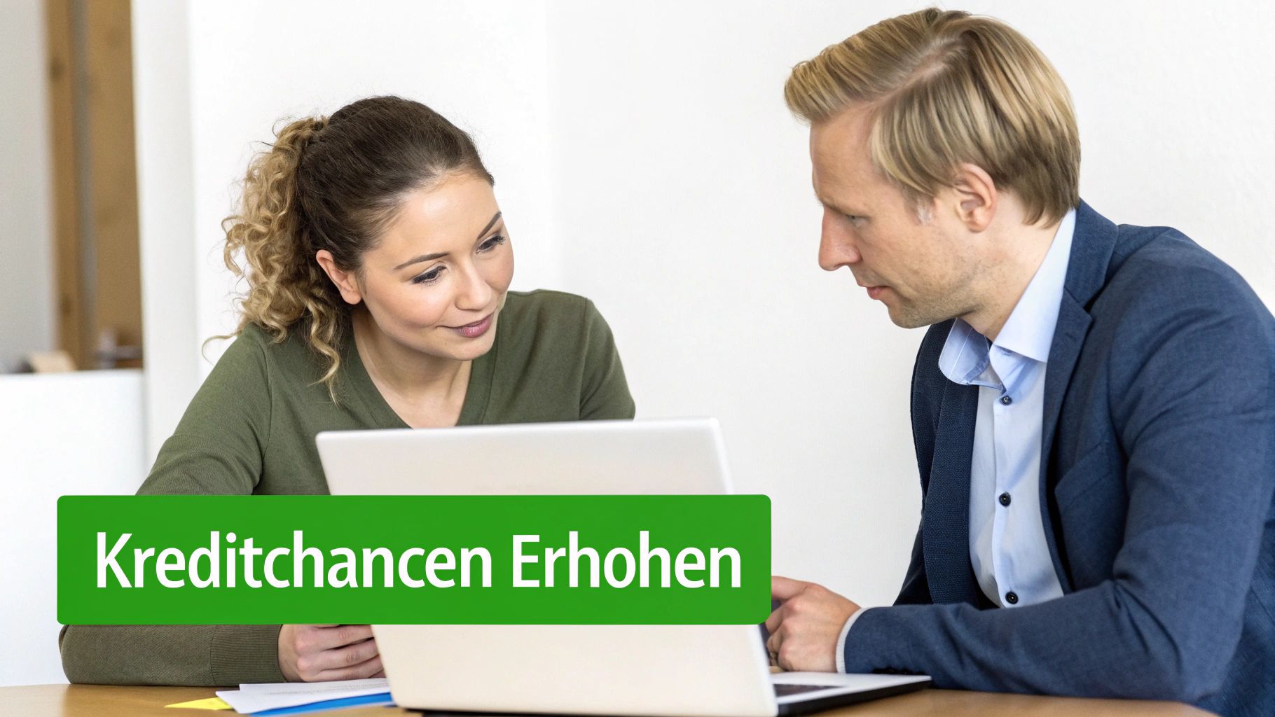 Zwei Personen, eine Frau und ein Mann, beraten sich am Laptop, um ihre Kreditchancen zu erhöhen.