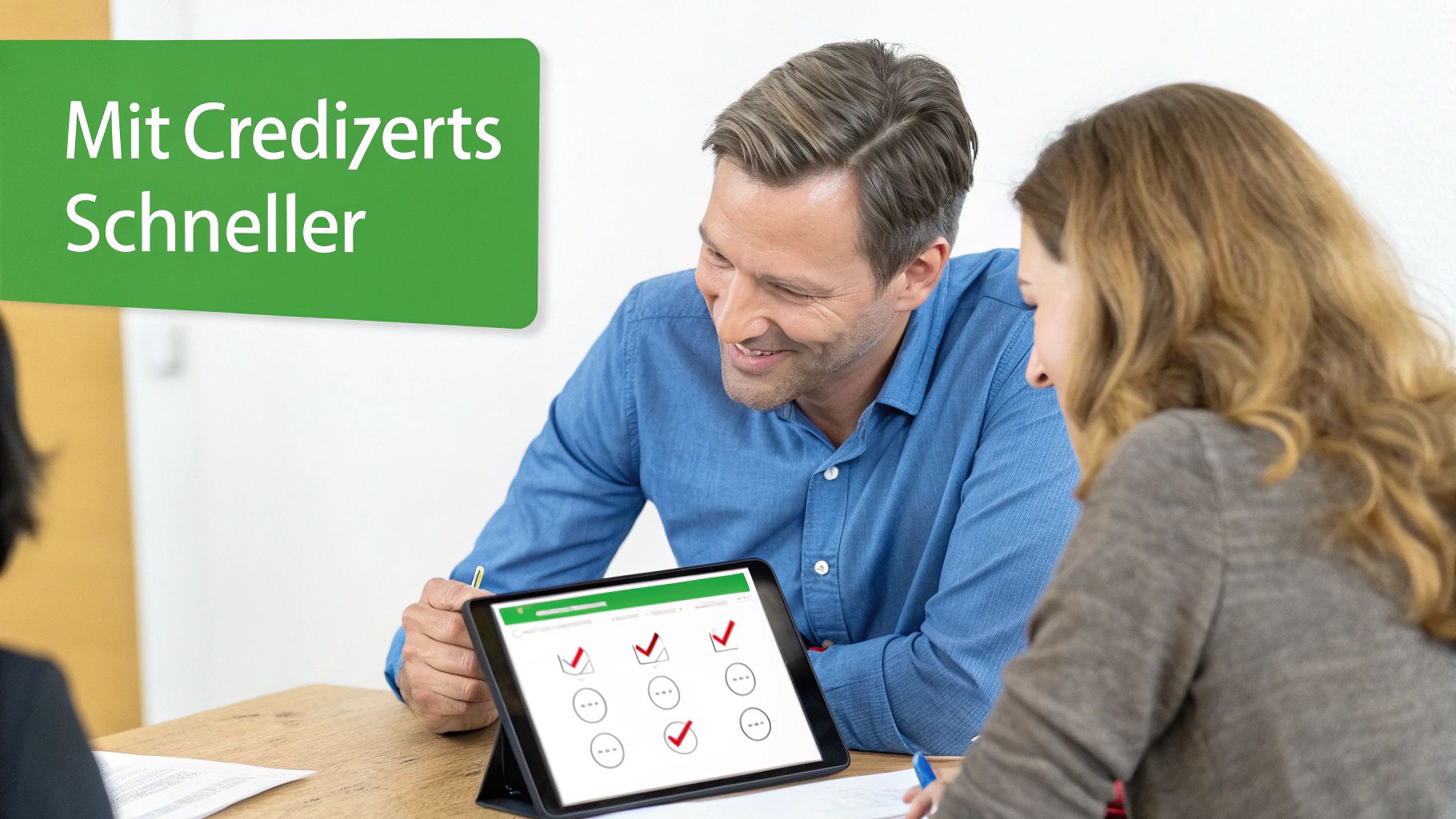 Zwei Personen schauen auf ein Tablet mit digitalen Häkchen. 'Mit Credizerts Schneller' steht auf einem grünen Schild.