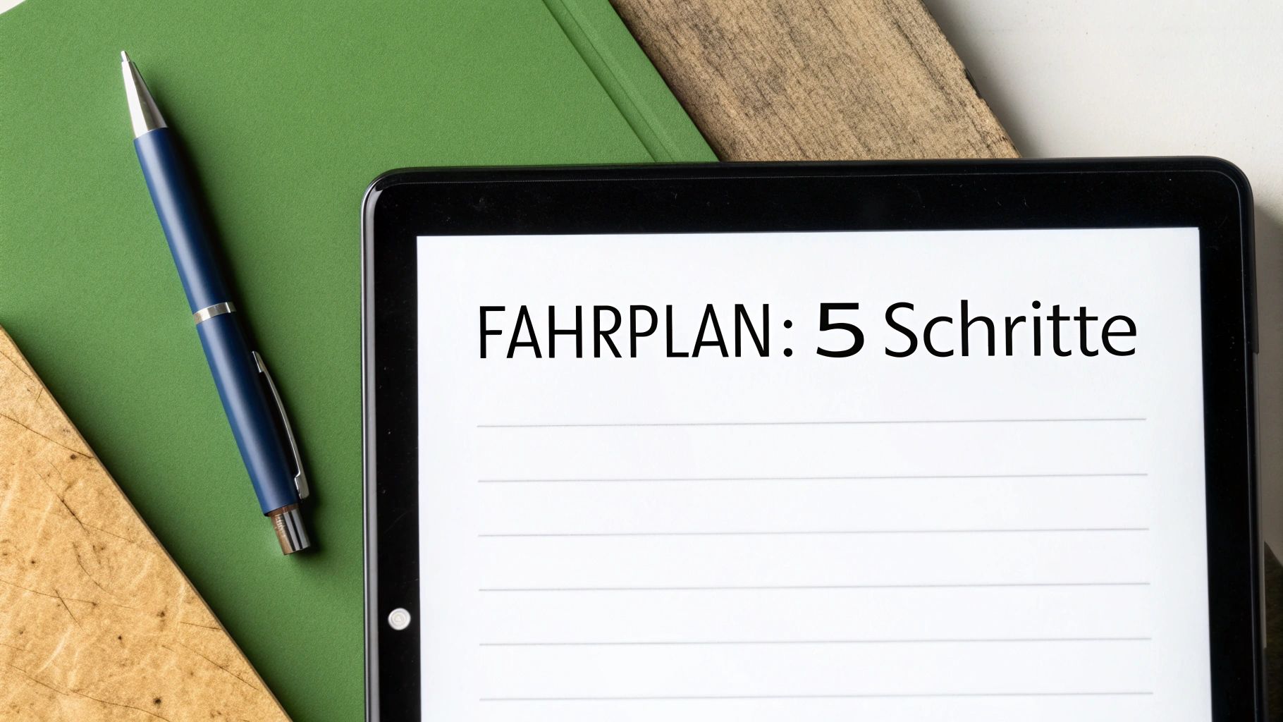 Tablet zeigt auf weißem Bildschirm die Überschrift 'FAHRPLAN: 5 Schritte', daneben ein blauer Stift und grünes Notizbuch.