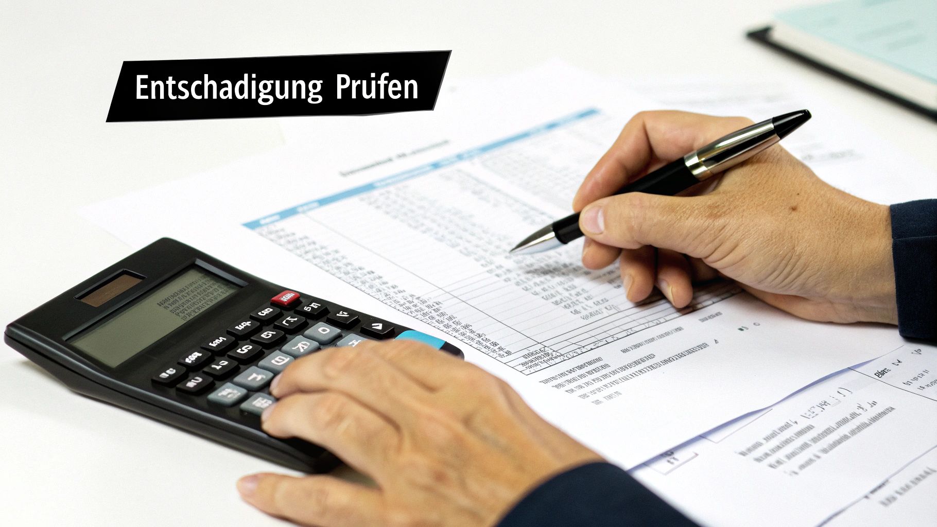 Hände überprüfen Dokumente und verwenden einen Taschenrechner mit dem Text 'Entschädigung Prüfen' auf einem schwarzen Banner.