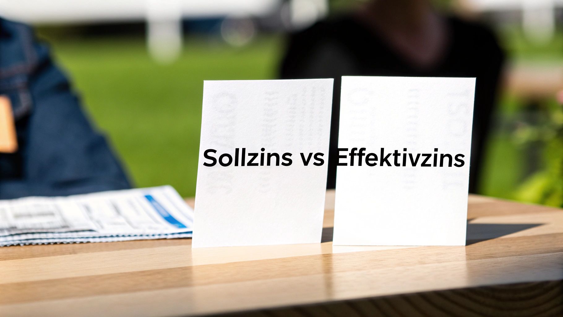 Zwei weiße Karten auf einem Holztisch mit der Aufschrift 'Sollzins vs Effektivzins' vor grünem Hintergrund.