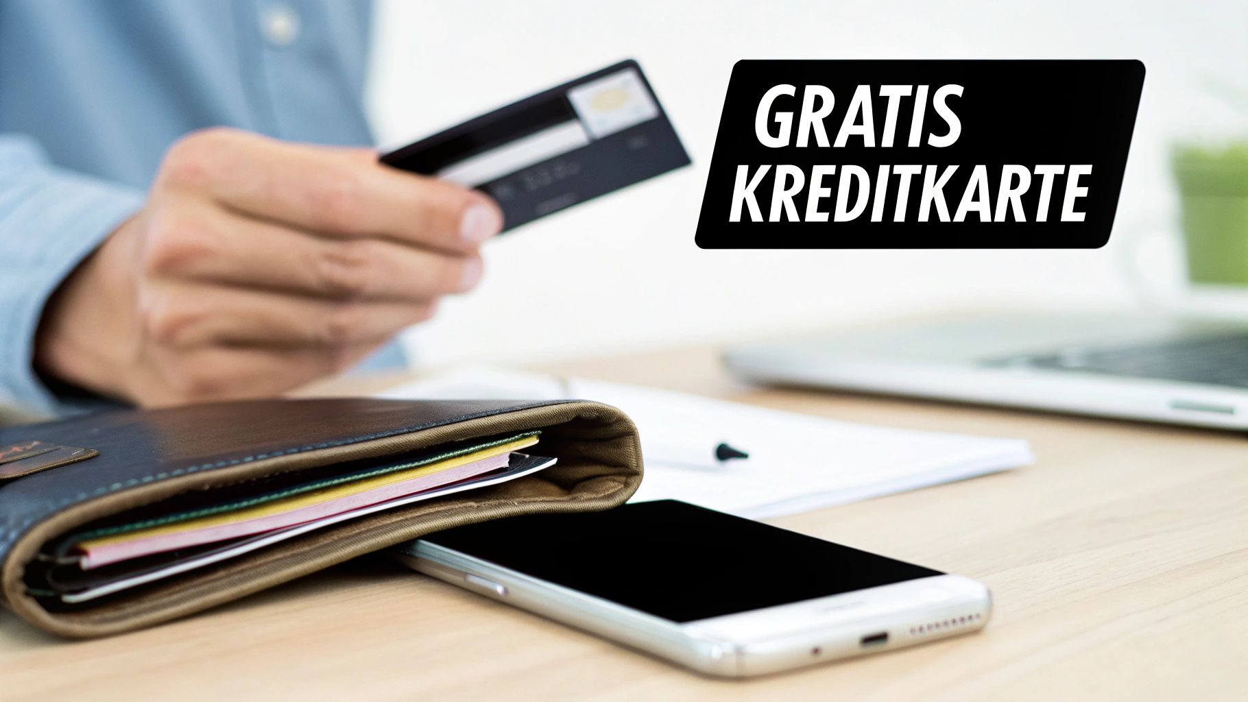 Person mit Kreditkarte, daneben Geldbörse, Smartphone und Laptop. Werbung: Gratis Kreditkarte.