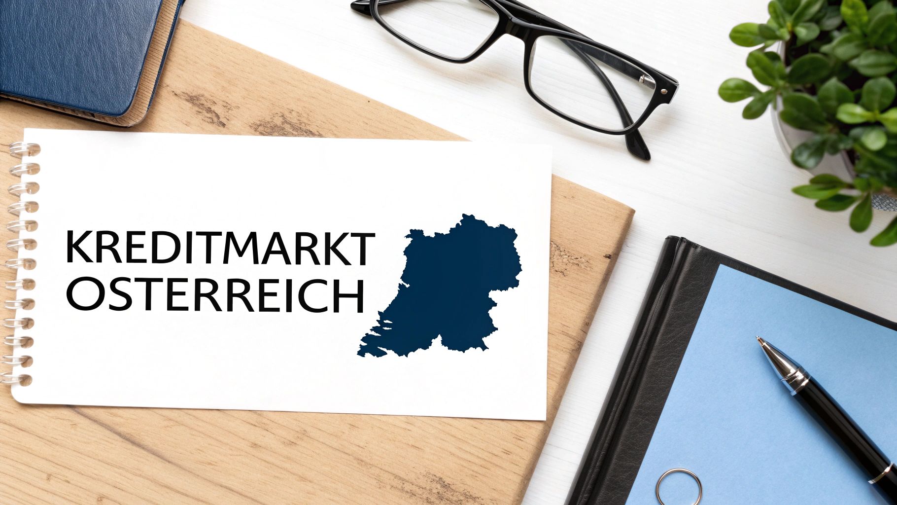 Ein Notizbuch mit 'Kreditmarkt Österreich' und einer Karte von Österreich auf einem Schreibtisch.