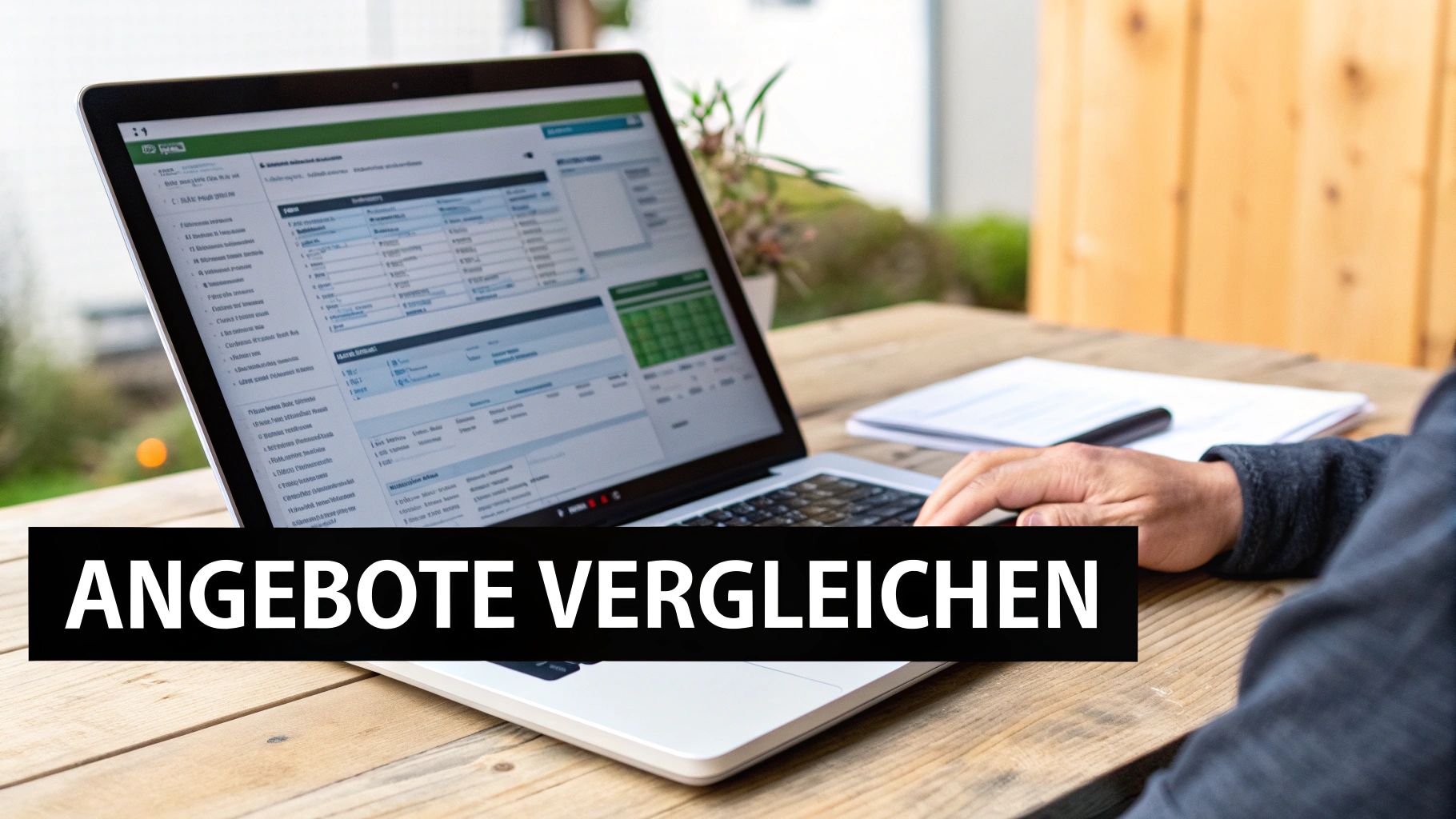 Person arbeitet am Laptop auf Holztisch, Bildschirmanzeige mit Daten, dazu Text 'Angebote vergleichen'.