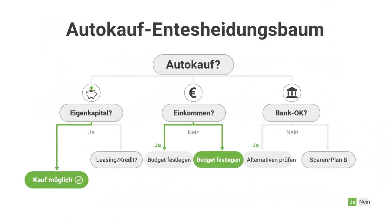 Entscheidungsbaum zum Autokauf mit Fragen zu Eigenkapital, Einkommen und Bank-OK zur Entscheidungsfindung.