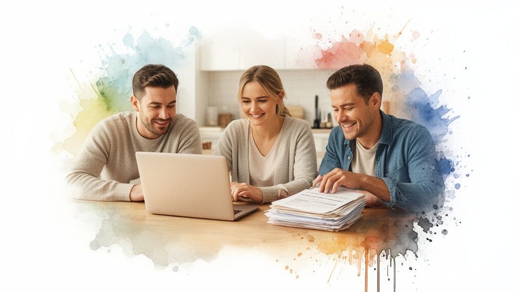 Drei lächelnde Personen arbeiten an einem Laptop und überprüfen Dokumente, um Finanzen zu besprechen.