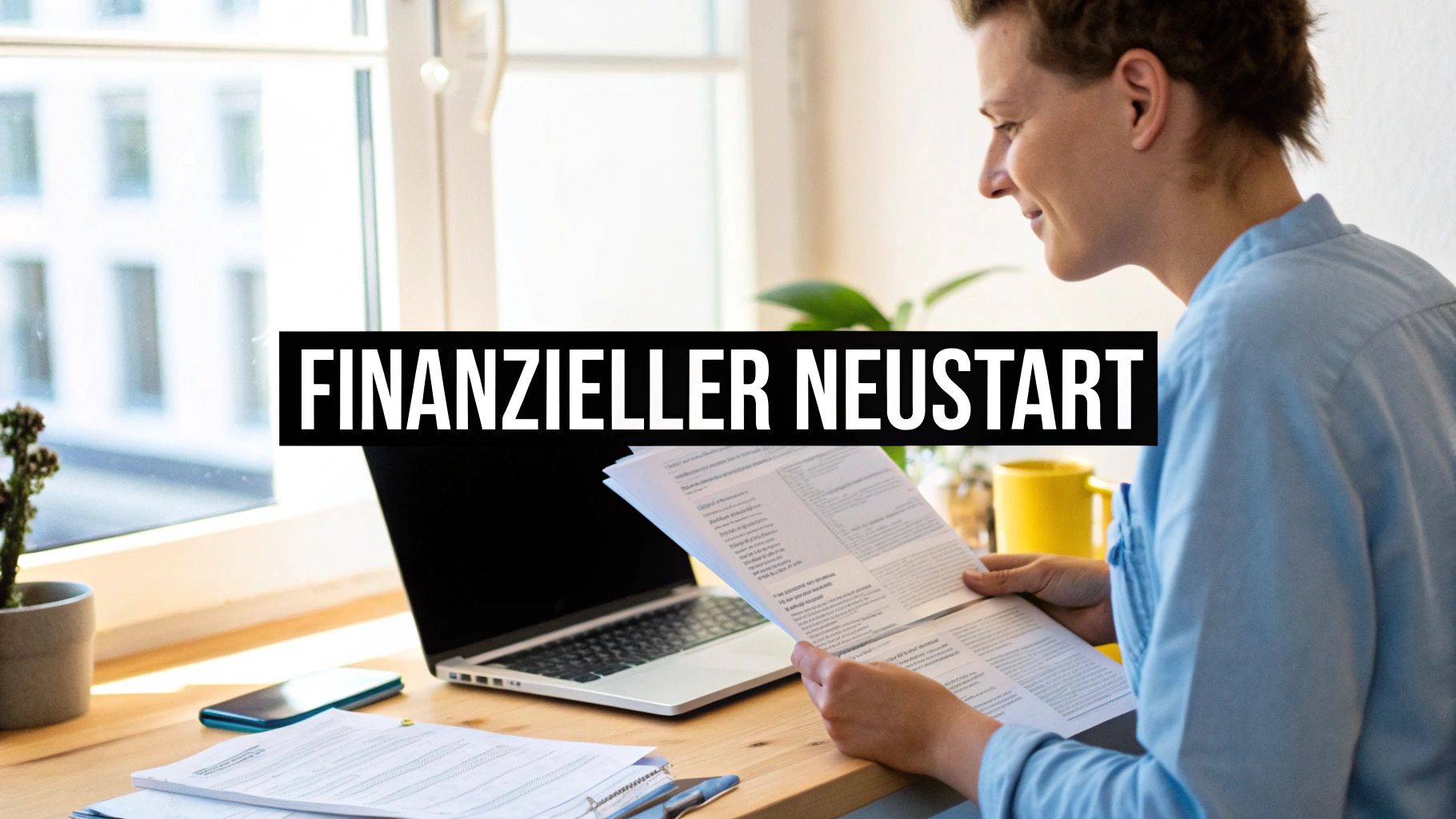 Mann sitzt am Schreibtisch, prüft Dokumente für einen finanziellen Neustart, Laptop und Handy liegen auf dem Tisch.