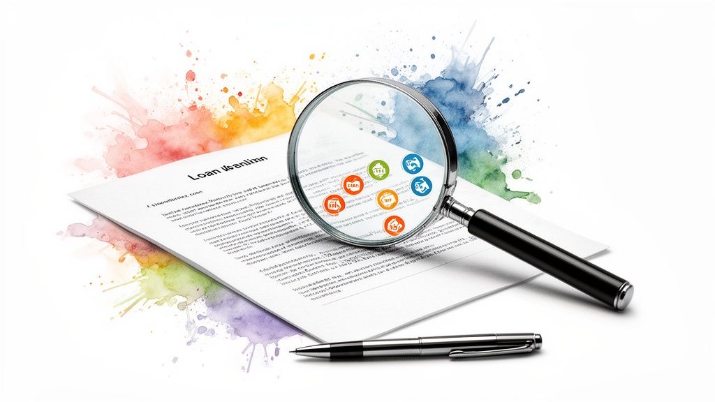 Lupe auf einem Darlehensdokument mit Symbolen, bunten Aquarellspritzern und einem Stift.