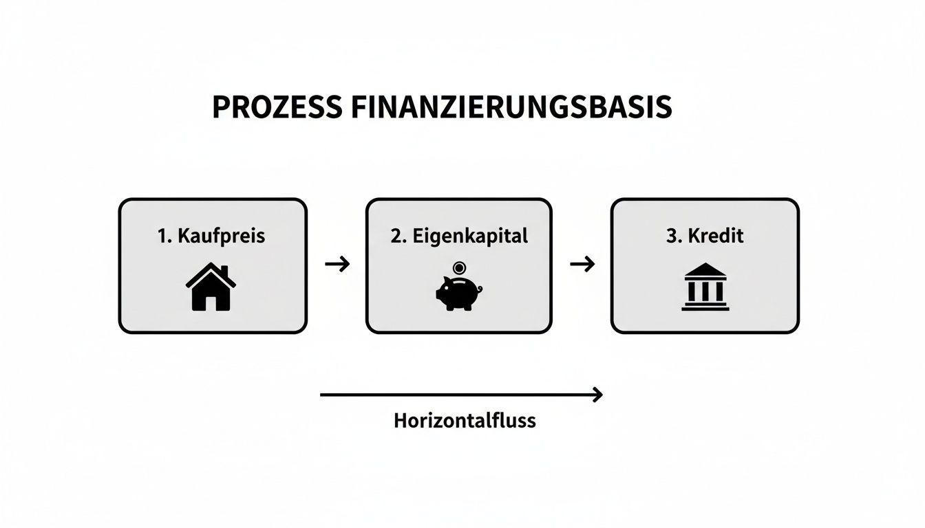 Diagramm zeigt den Finanzierungsprozess für ein Haus: Kaufpreis, Eigenkapital und Kredit als horizontaler Fluss.