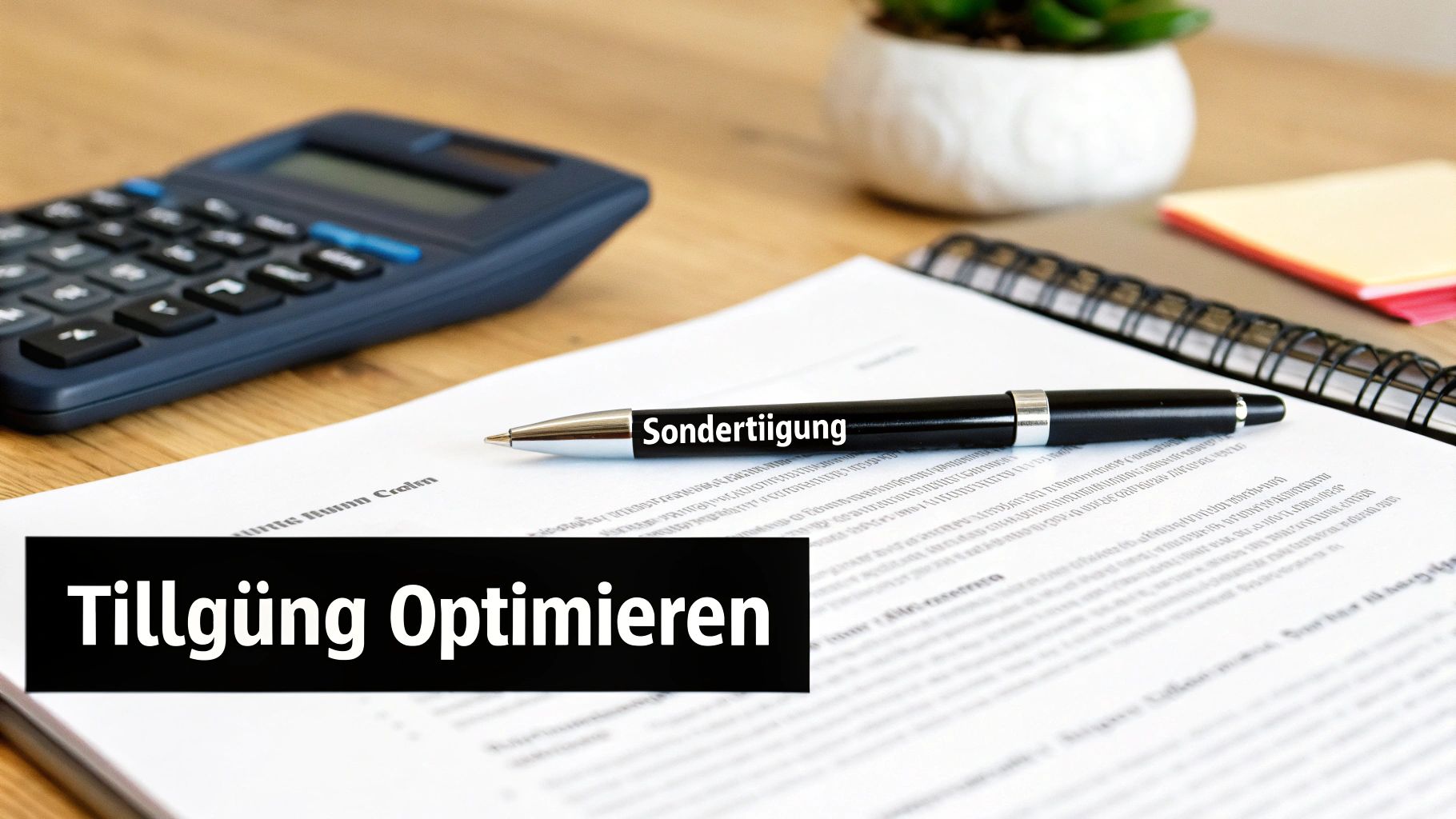 Stift auf Dokument mit Text 'Sondertilgung' und 'Tilgung Optimieren', Rechner im Hintergrund, zur Finanzplanung.