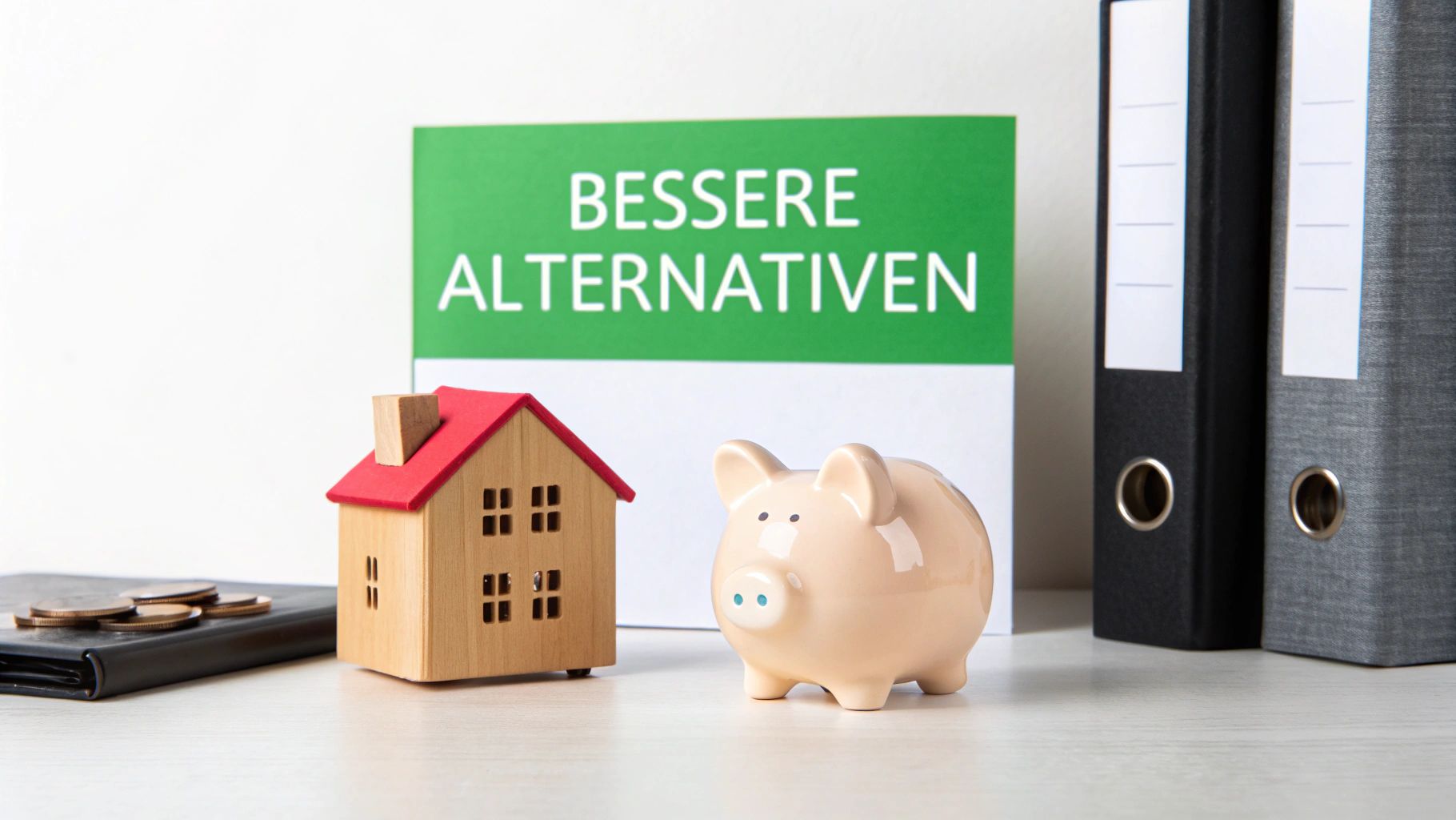 Ein Holzhausmodell, eine Spardose und ein Schild mit der Aufschrift „Bessere Alternativen“ auf einem Schreibtisch.