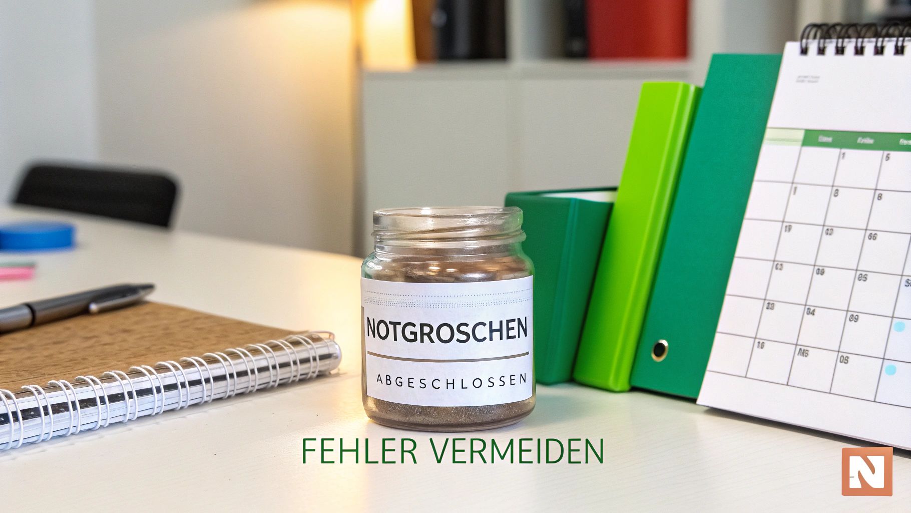 Ein Notgroschen-Glas mit Münzen steht auf einem Schreibtisch neben Ordnern, einem Kalender und Notizbuch.