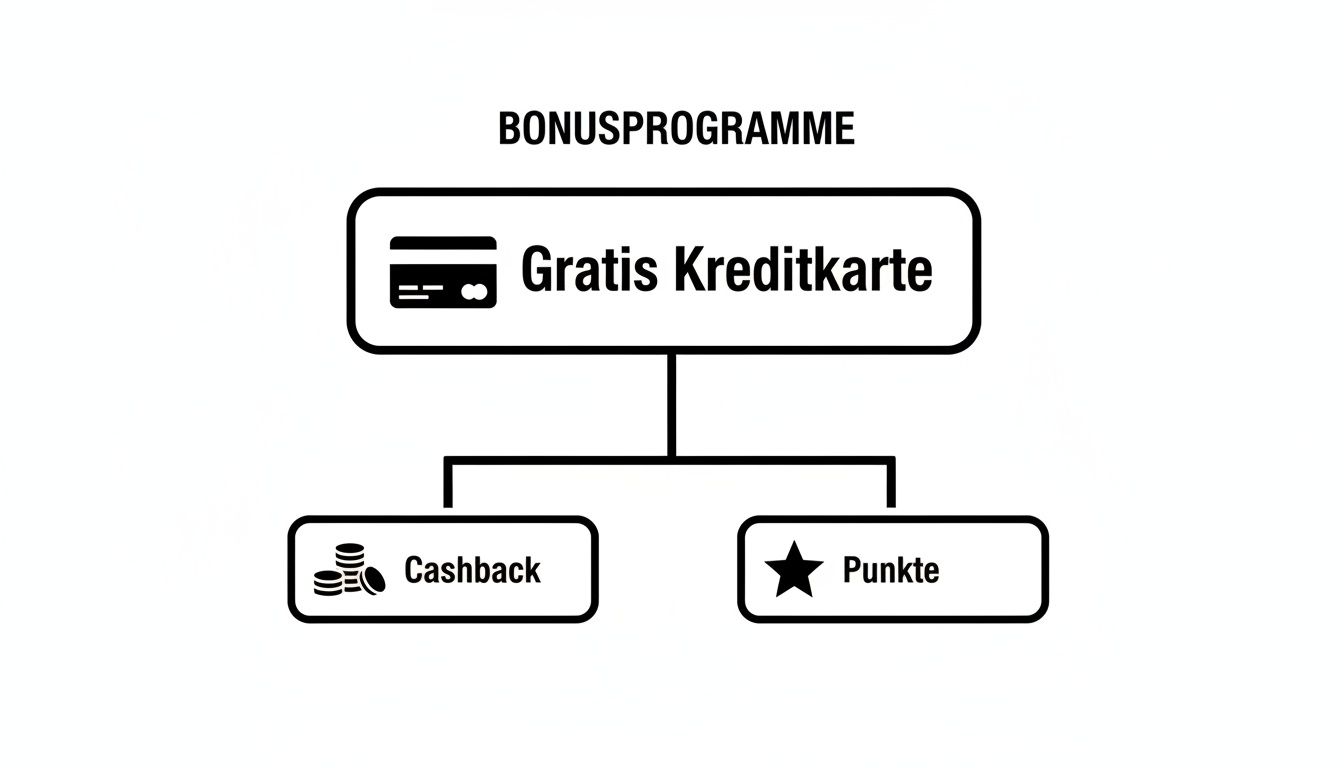 Diagramm eines Bonusprogramms für eine Gratis Kreditkarte, das Cashback und Punkte als Vorteile zeigt.