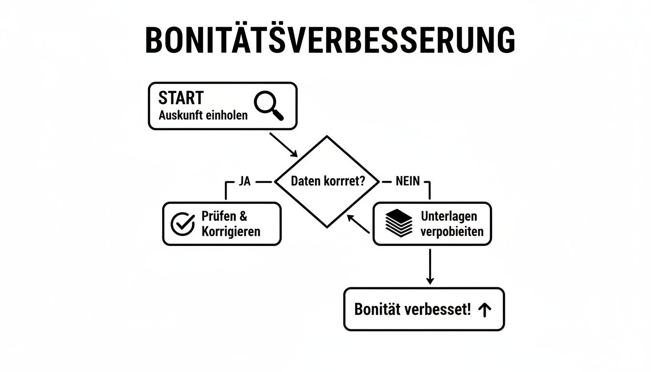 Flussdiagramm zur Bonitätsverbesserung: Schritte wie Auskunft einholen, Daten prüfen, korrigieren und Bonität verbessern.
