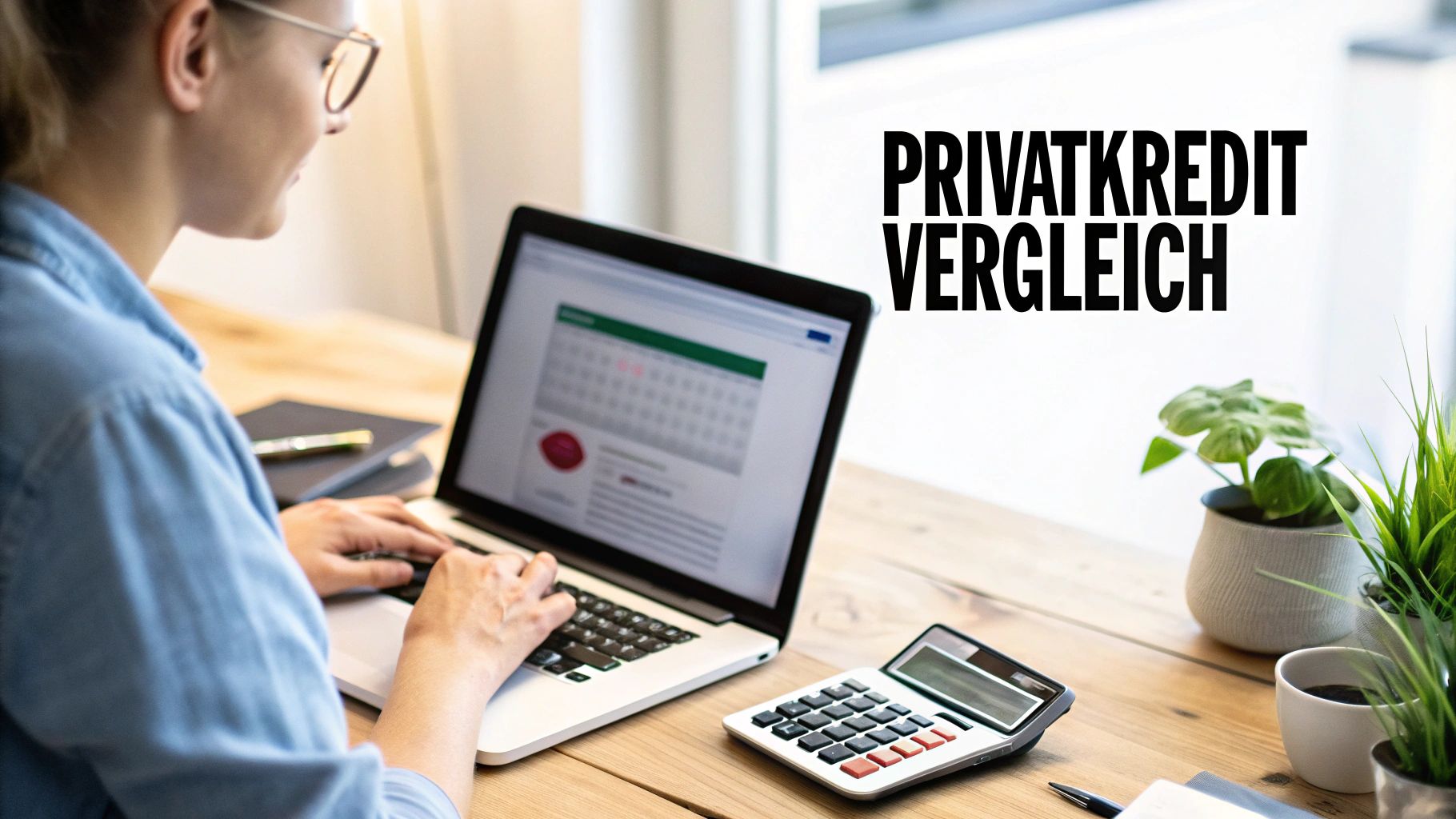 Eine Person vergleicht Privatkredite auf einem Laptop mit einem Rechner auf einem Holztisch.