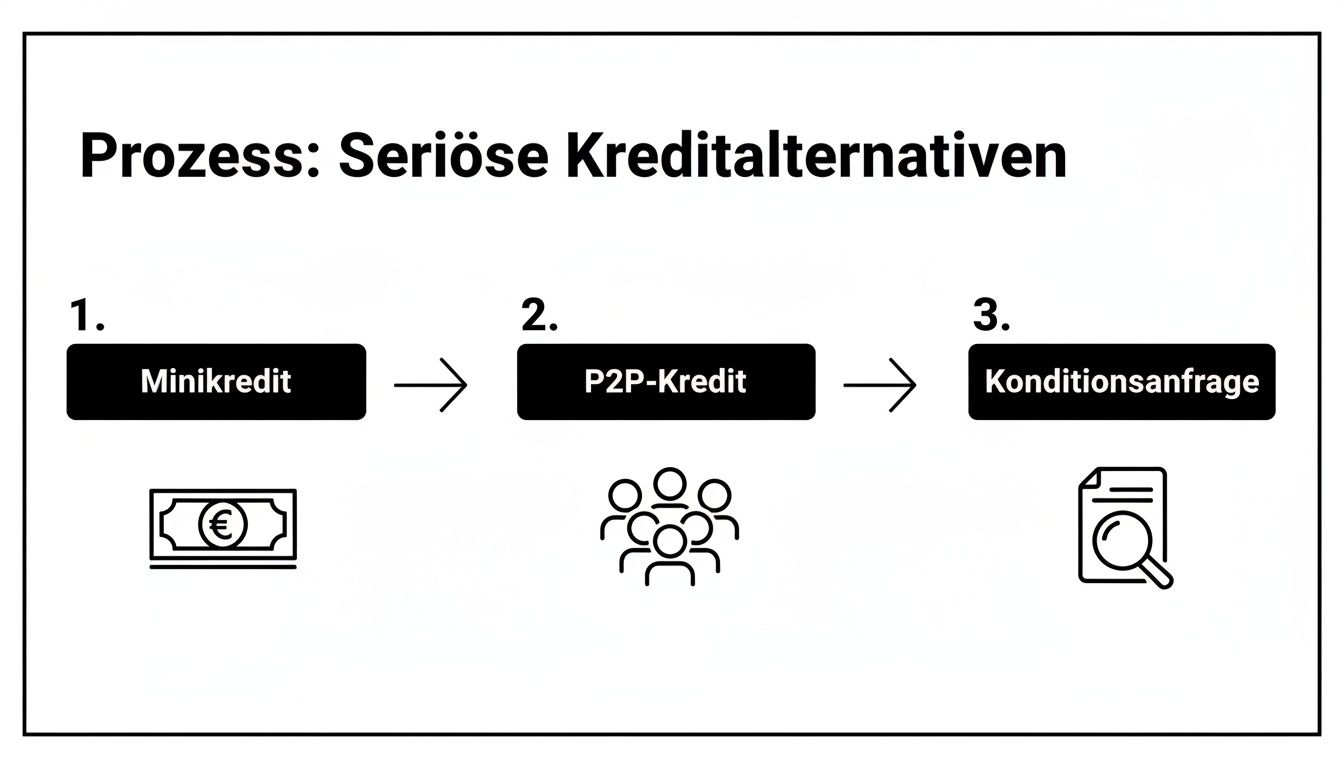 Ein Prozessdiagramm zeigt drei seriöse Kreditalternativen: Minikredit, P2P-Kredit und Konditionsanfrage mit entsprechenden Symbolen.