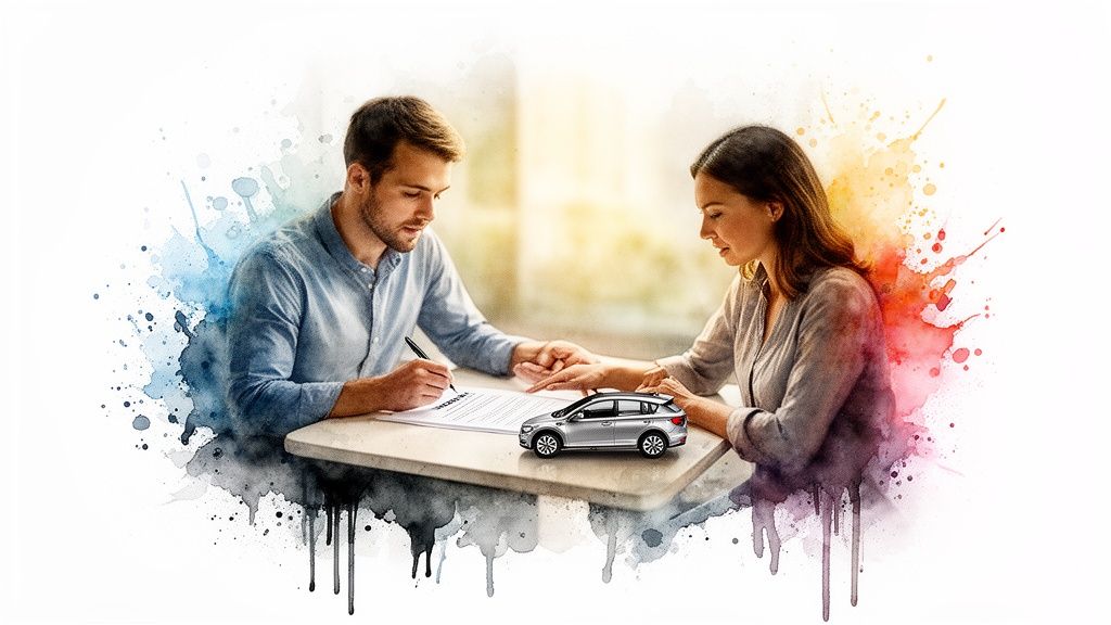 Ein Paar unterschreibt einen Vertrag für ein Auto, mit einem Modellauto auf dem Tisch.