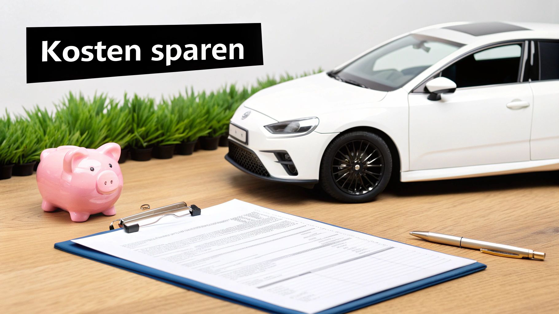 Ein weißes Modellauto, ein rosa Sparschwein und Dokumente mit dem Banner 'Kosten sparen' auf einem Holztisch.