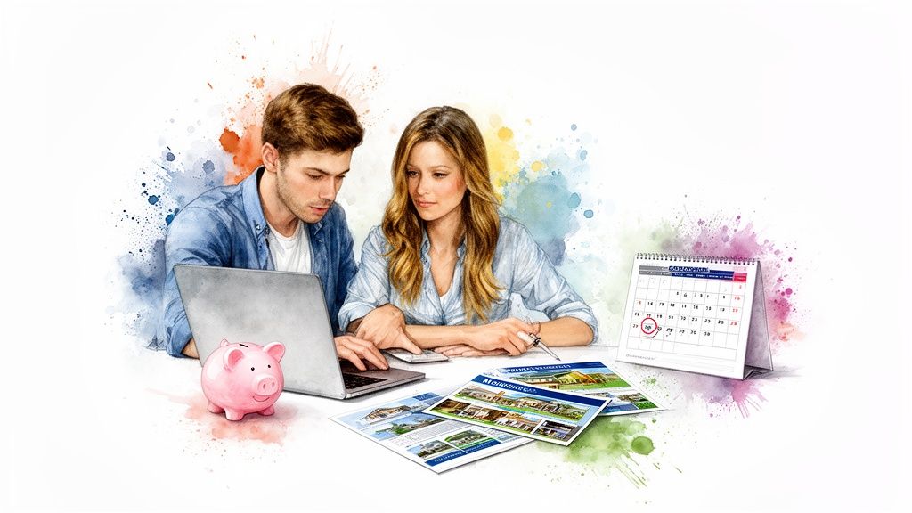 Young couple planning mortgage or house purchase together on laptop, with documents and calendar.