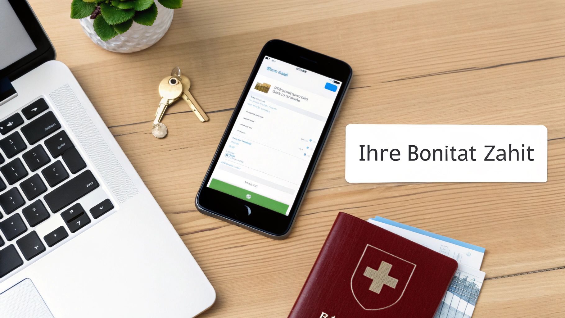 Ein Schreibtisch-Flatlay mit Laptop, Smartphone, Schlüsseln und einem Schweizer Pass, dazu der Text 'Ihre Bonität Zahit'.