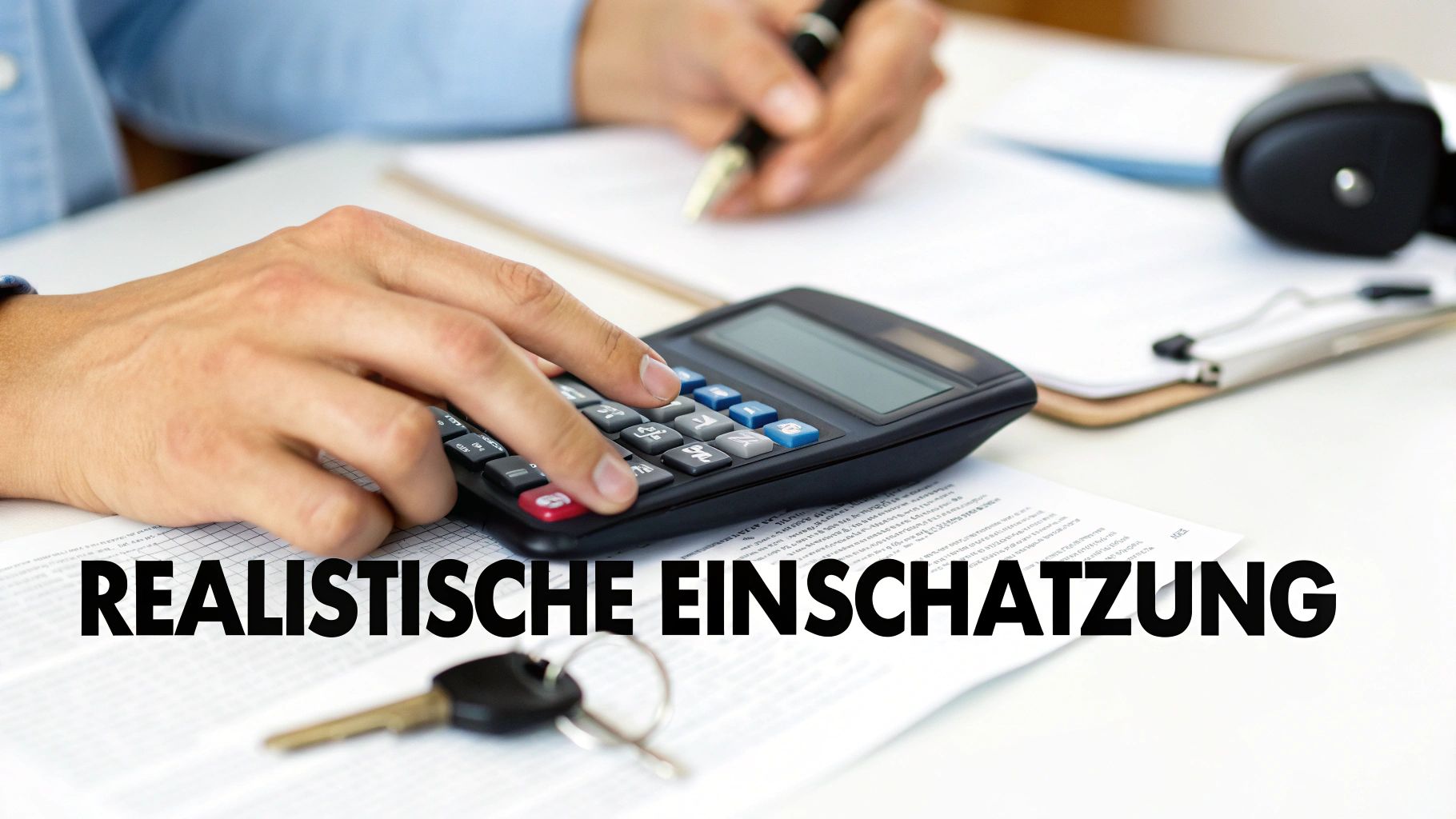 Eine Person benutzt einen Taschenrechner und schreibt Notizen, mit Autoschlüsseln auf einem Schreibtisch, um eine realistische Einschätzung zu erhalten.