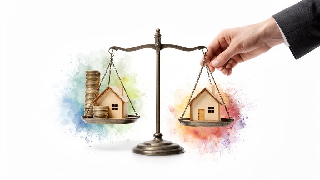 Eine Waage mit zwei Holzhäusern und Geldmünzen, symbolisierend Immobilienfinanzierung und Wert.