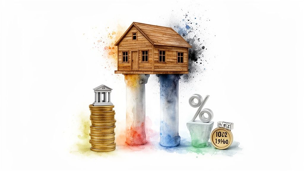 Holzhaus auf Säulen, symbolisierend Baufinanzierung, gestützt von Bank, Geld und Zinssatz.