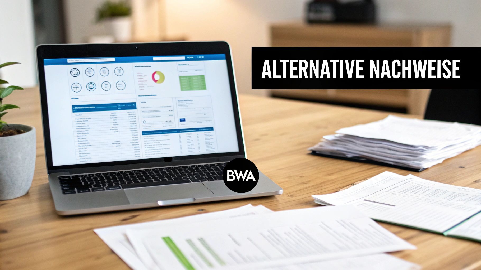 Laptop auf Holzschreibtisch mit Finanzdaten, Dokumenten und der Aufschrift 'ALTERNATIVE NACHWEISE' und 'BWA'.