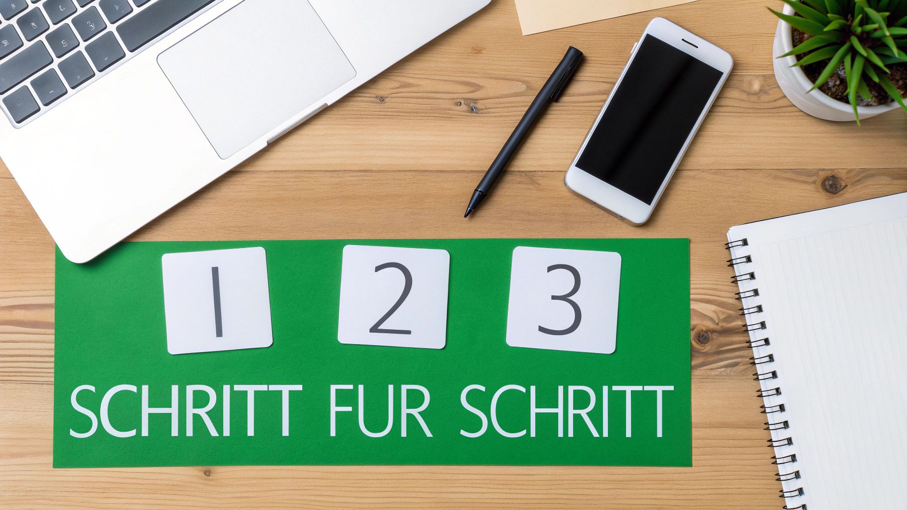 Blick von oben auf einen Schreibtisch mit Laptop, Handy, Stift und grüner Matte mit den Zahlen 1, 2, 3 und dem Text "SCHRITT FÜR SCHRITT".
