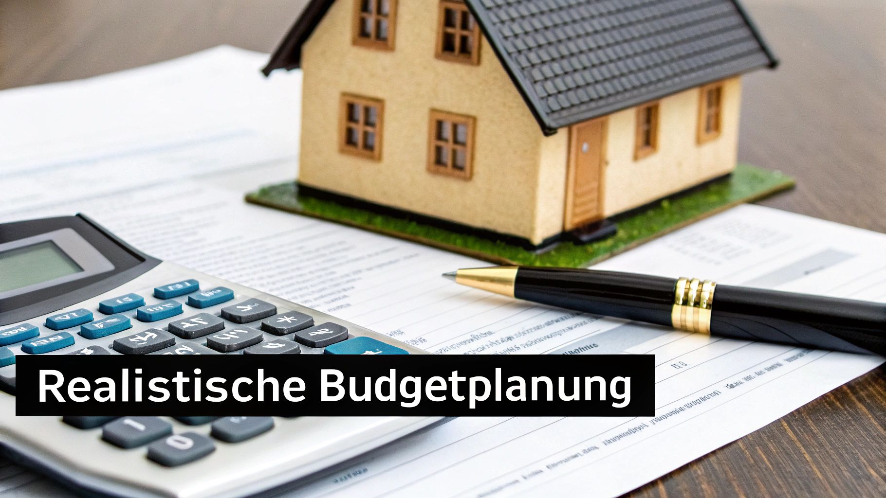 Rechner, Hausmodell, Stift und Dokumente auf einem Tisch für realistische Budgetplanung beim Hausbau.