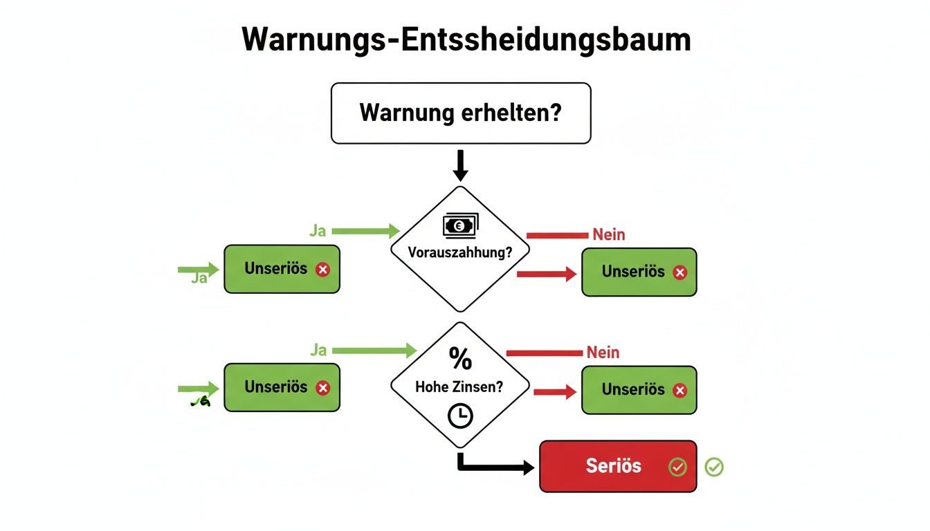 Ein Warnungs-Entscheidungsbaum-Flussdiagramm, das Schritte zur Bewertung der Seriosität eines Angebots basierend auf Warnungen, Vorauszahlungen und Zinsen zeigt.