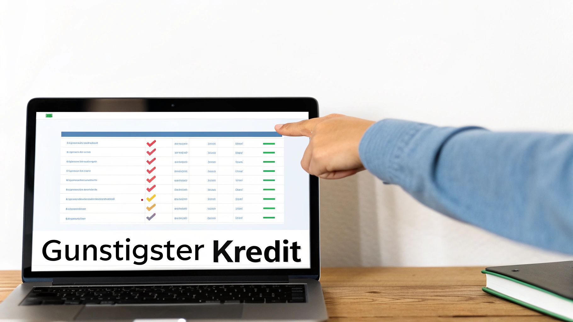 Person zeigt auf Laptop-Bildschirm mit Vergleichstabelle für Kredite und der Aufschrift "Günstigster Kredit".