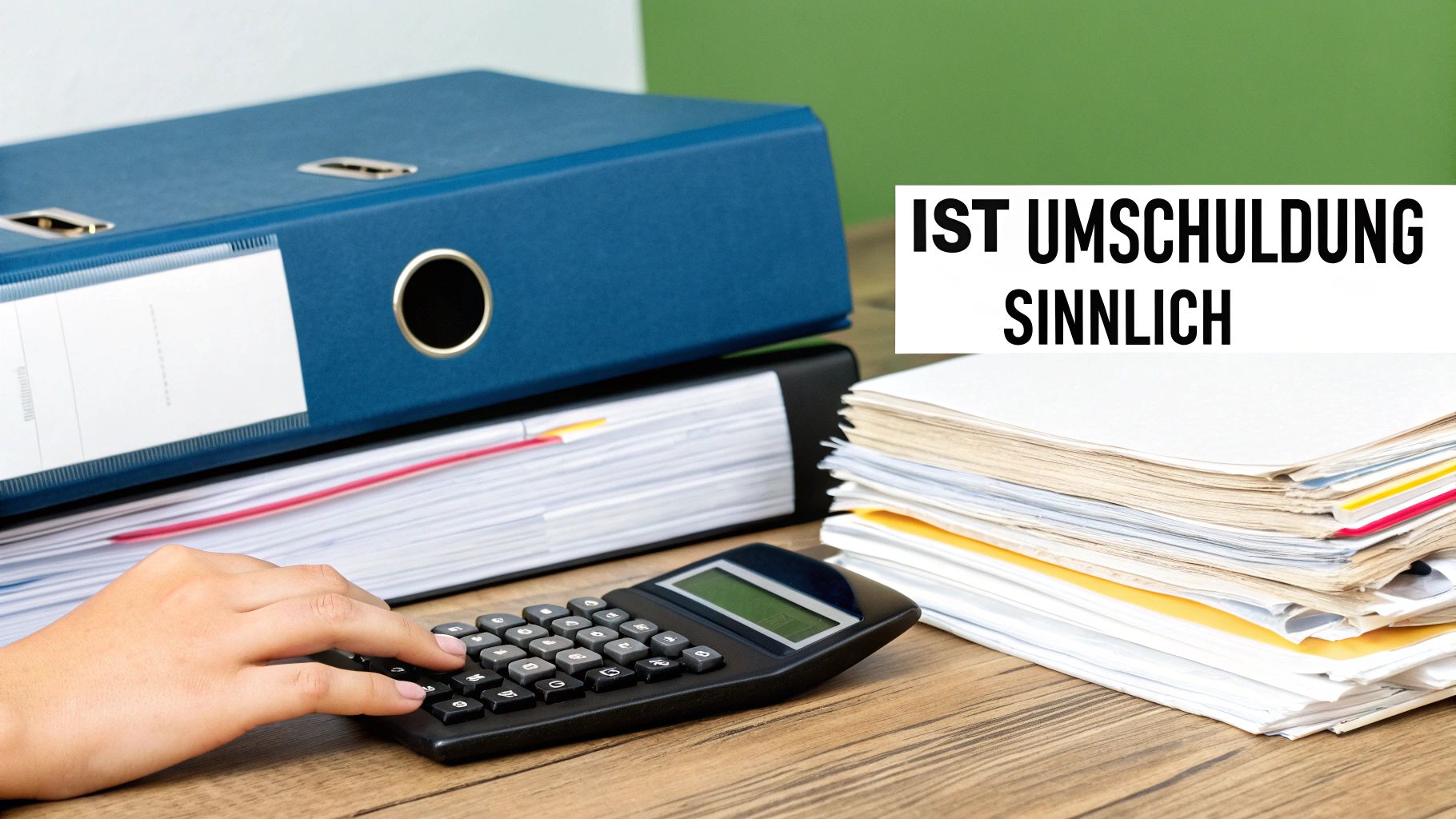 Hand tippt auf Taschenrechner neben Aktenordnern und Papierstapeln. Text: Ist Umschuldung sinnvoll?