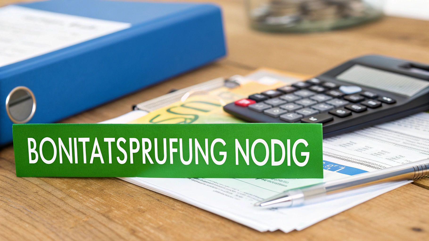 Grünes Schild mit der Aufschrift „BONITÄTSPRÜFUNG NÖTIG“ auf einem Holztisch, umgeben von Büroartikeln wie Ordner und Rechner.