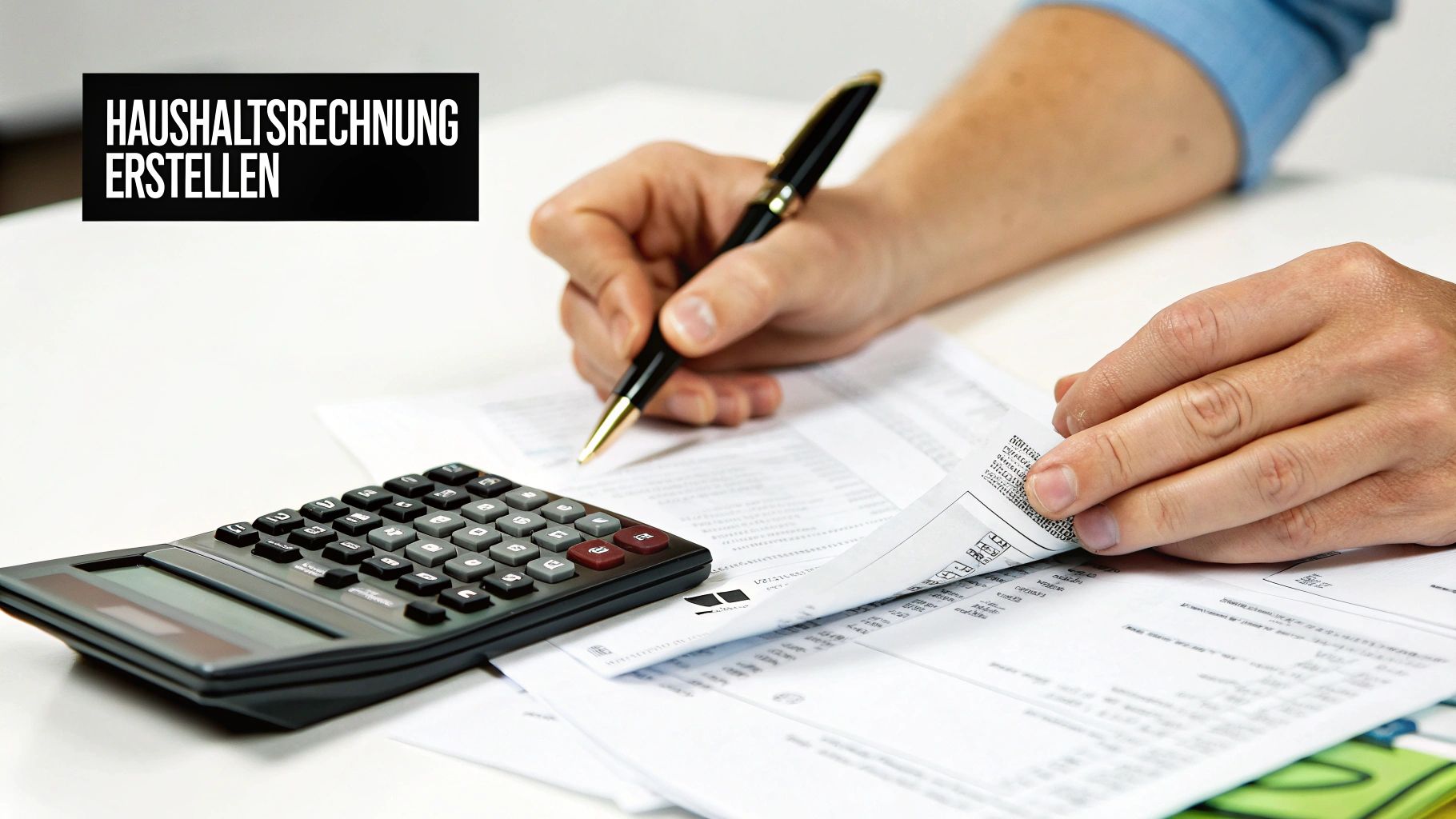 Person erstellt Haushaltsrechnung, schreibt mit Stift auf Dokumenten, mit Rechner und Papieren auf Schreibtisch.
