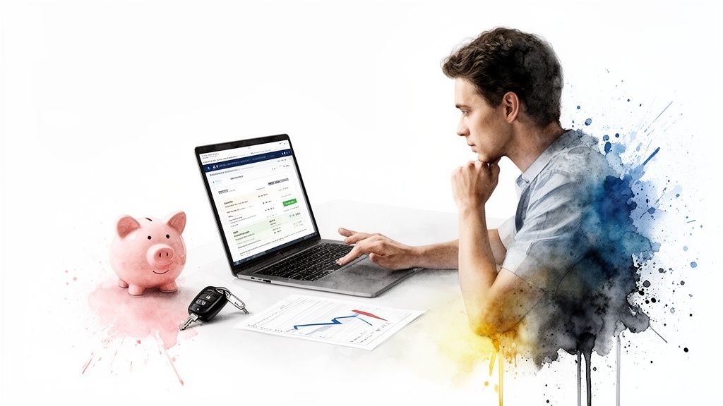 Junger Mann prüft Finanzen am Laptop mit Sparschwein, Autoschlüsseln und einer Grafik.