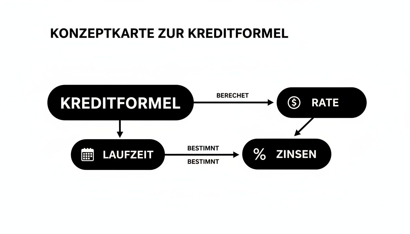 Konzeptkarte zur Kreditformel, zeigt die Beziehungen zwischen Kreditformel, Laufzeit, Rate und Zinsen in einem Diagramm.
