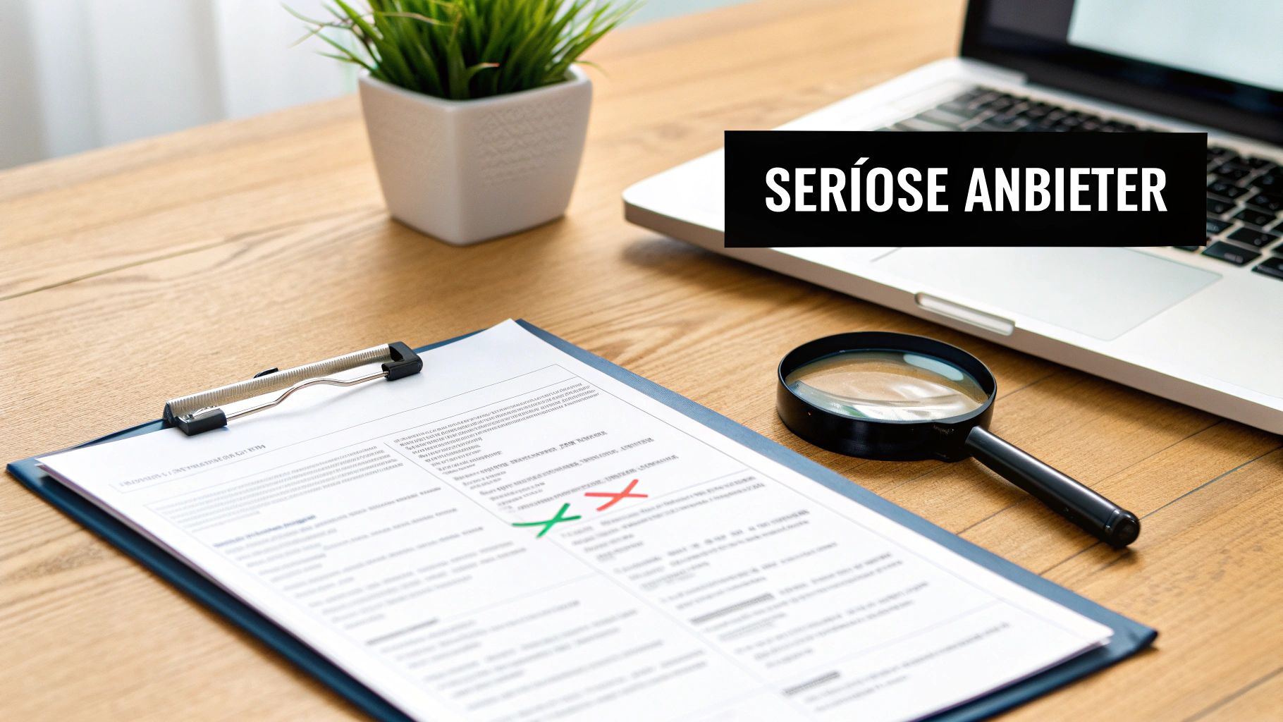 Schreibtisch mit Bewerbungsunterlagen, Lupe, Laptop und dem Text 'SERIÖSE ANBIETER'.