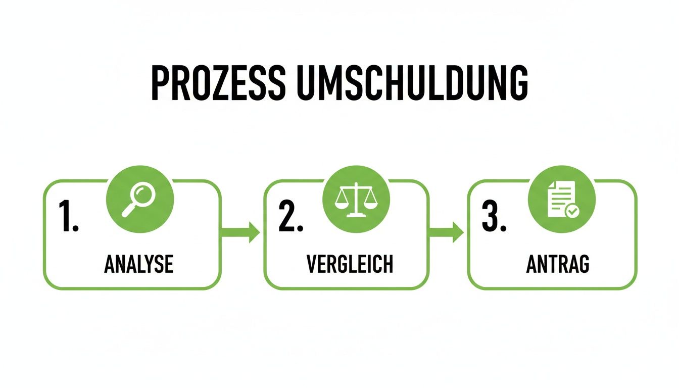 Flussdiagramm: Umschuldungsprozess in drei Schritten – Analyse, Vergleich, Antrag. Gut verständlich.