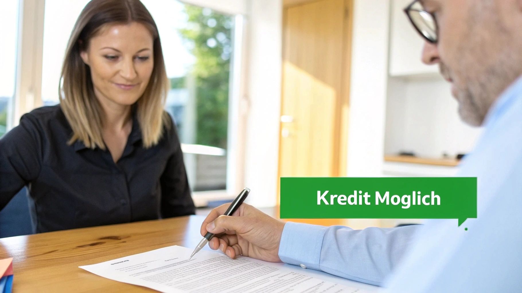 Ein Mann unterschreibt einen Kreditvertrag, während eine Frau zusieht. Das Bild bewirbt: Kredit Möglich.