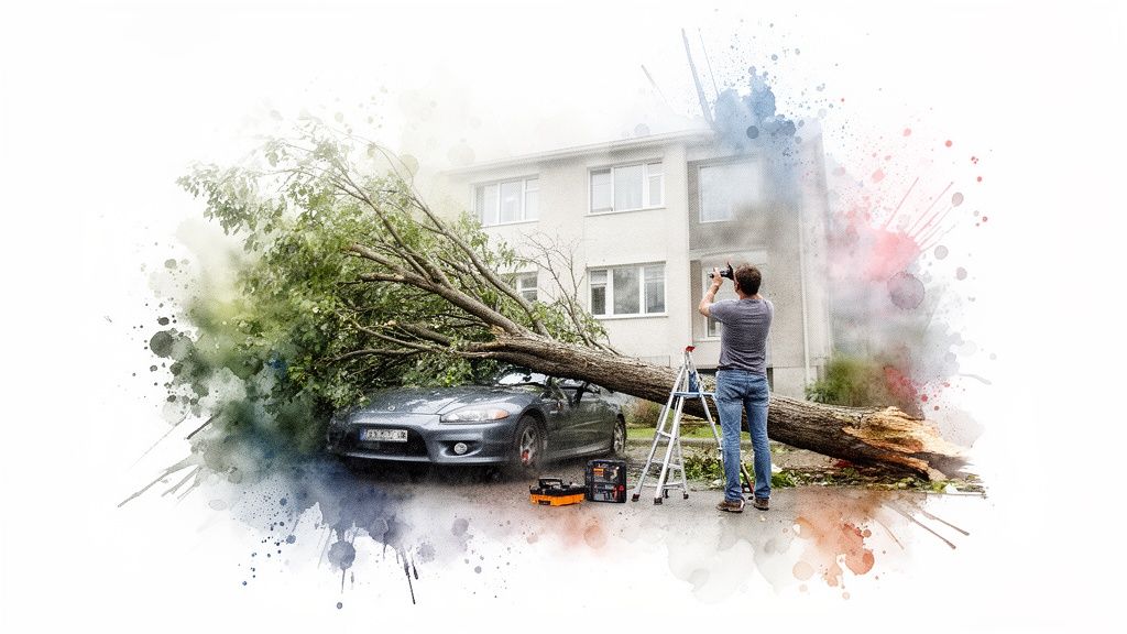 Ein umgestürzter Baum liegt auf einem Auto; ein Mann macht Fotos vor einem Haus mit Aquarell-Effekt.