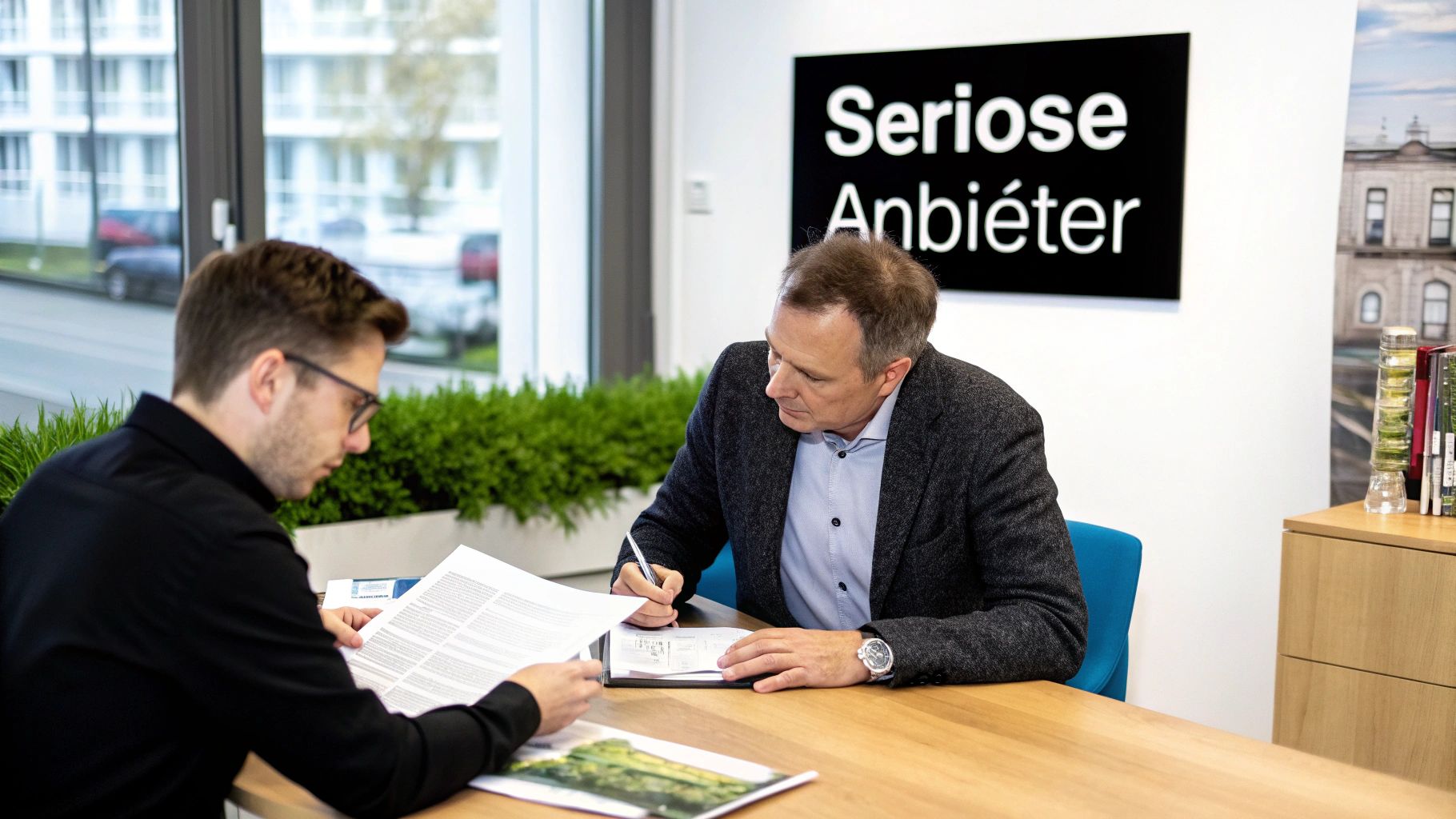 Zwei Männer besprechen und unterschreiben Dokumente bei einer Finanzberatung im Büro.