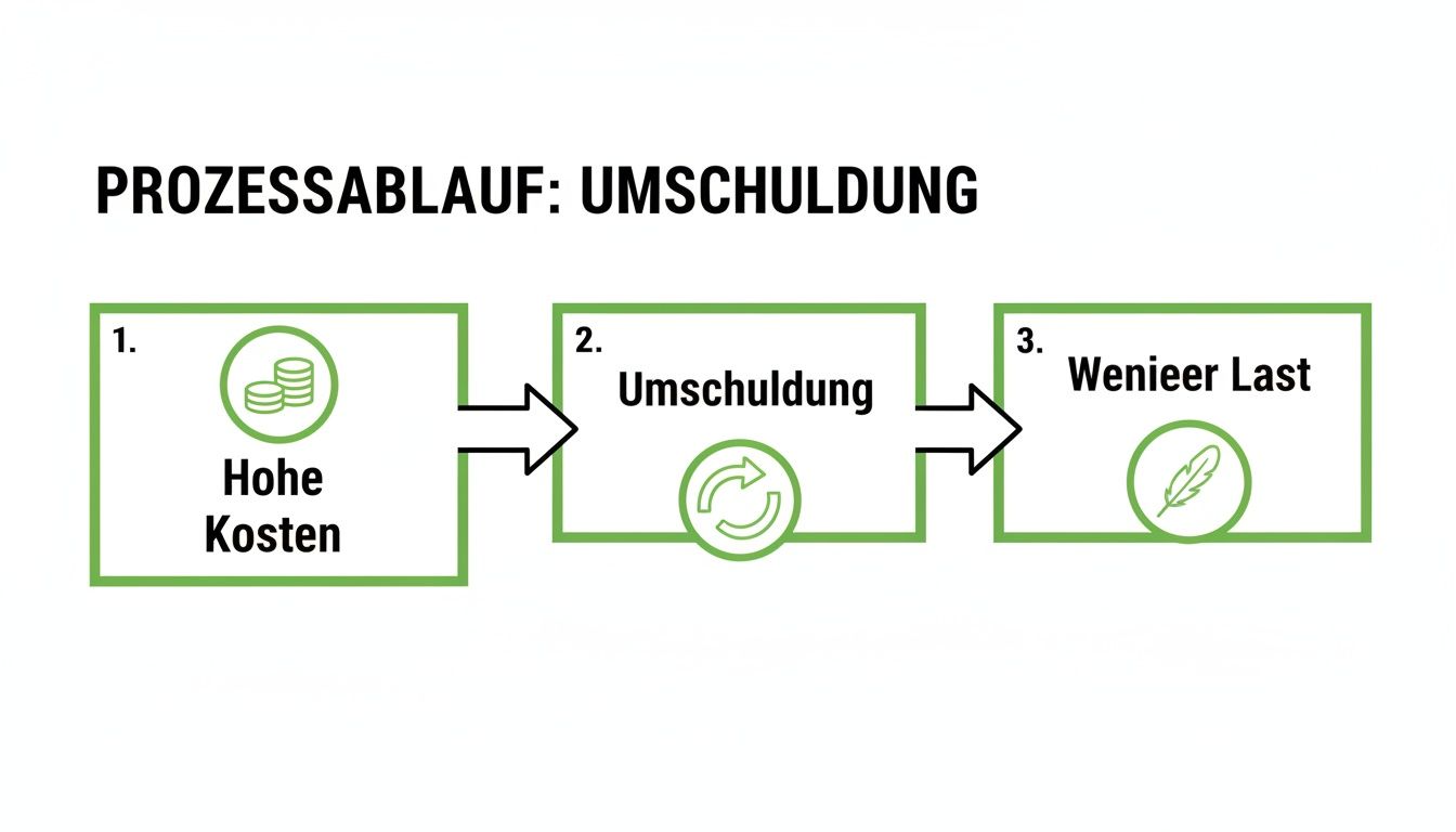 Prozessablauf der Umschuldung mit drei Schritten: Hohe Kosten, Umschuldung und weniger Last.