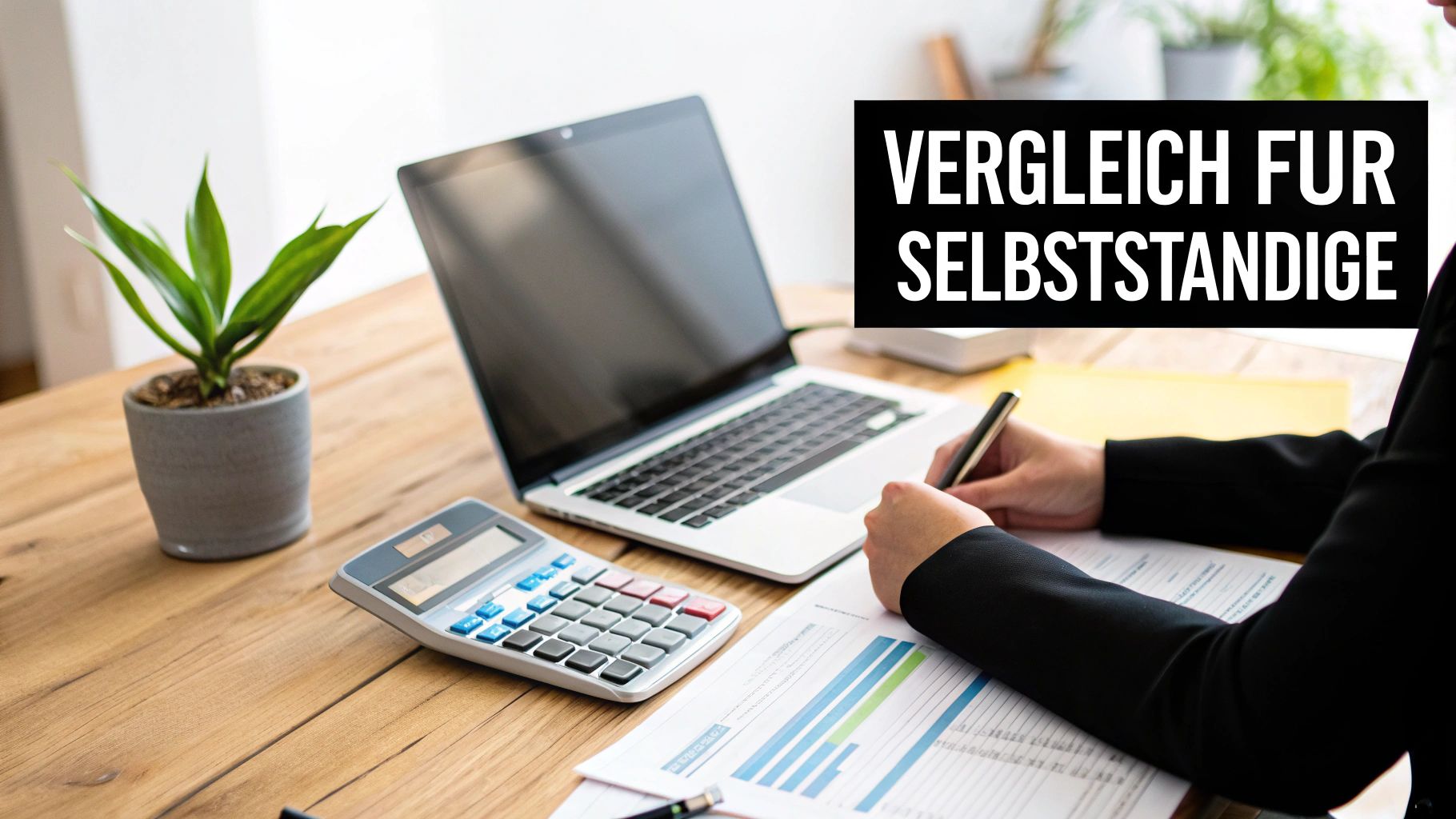 Person arbeitet am Schreibtisch mit Laptop, Rechner und Dokumenten. Text: Vergleich für Selbstständige.