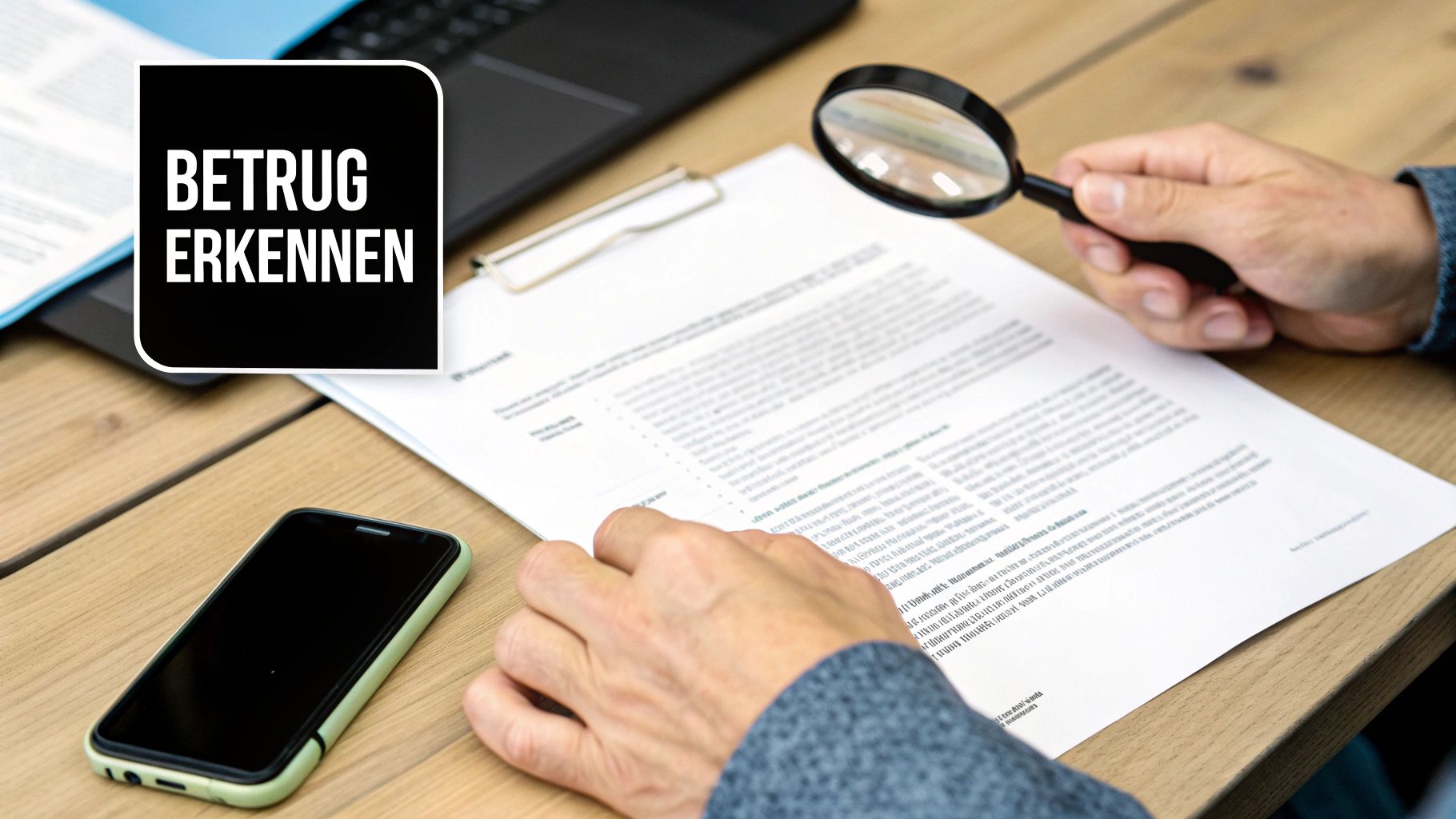 Eine Person prüft ein Dokument mit einer Lupe; ein Smartphone und Laptop liegen auf einem Holztisch, daneben ein Schriftzug "BETRUG ERKENNEN".
