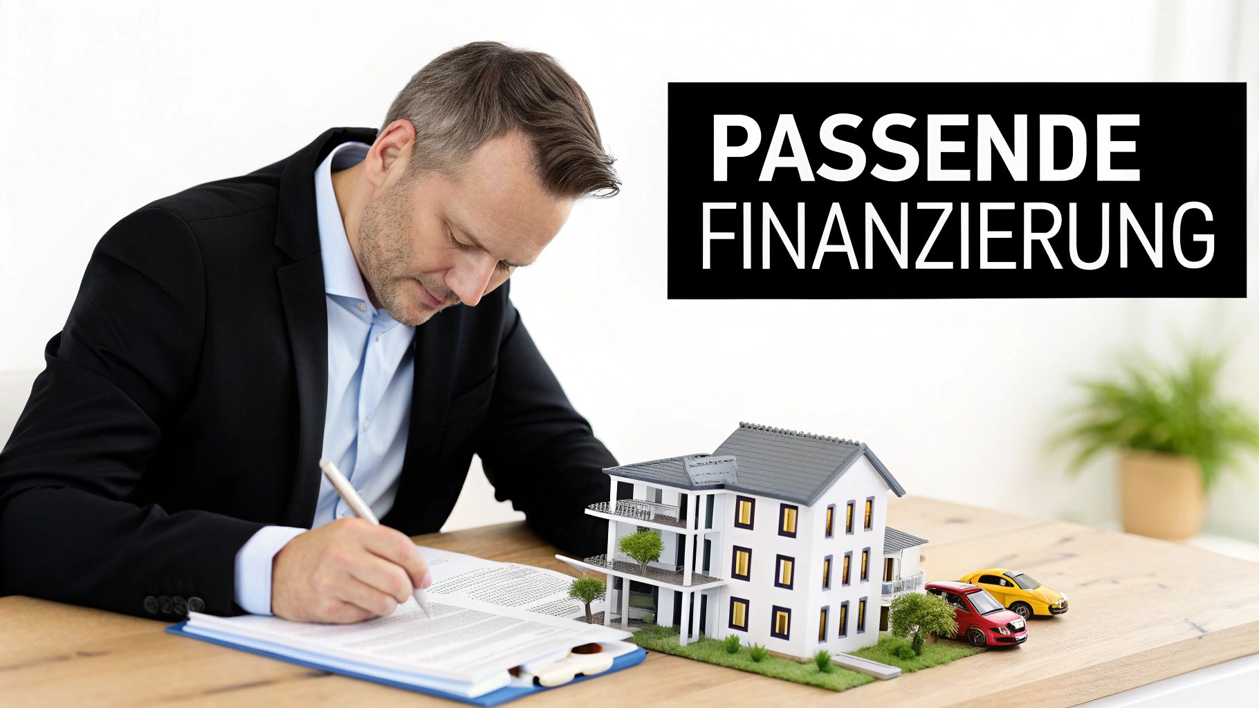 Mann in Anzug unterschreibt wichtige Dokumente für eine passende Finanzierung von Haus und Autos.