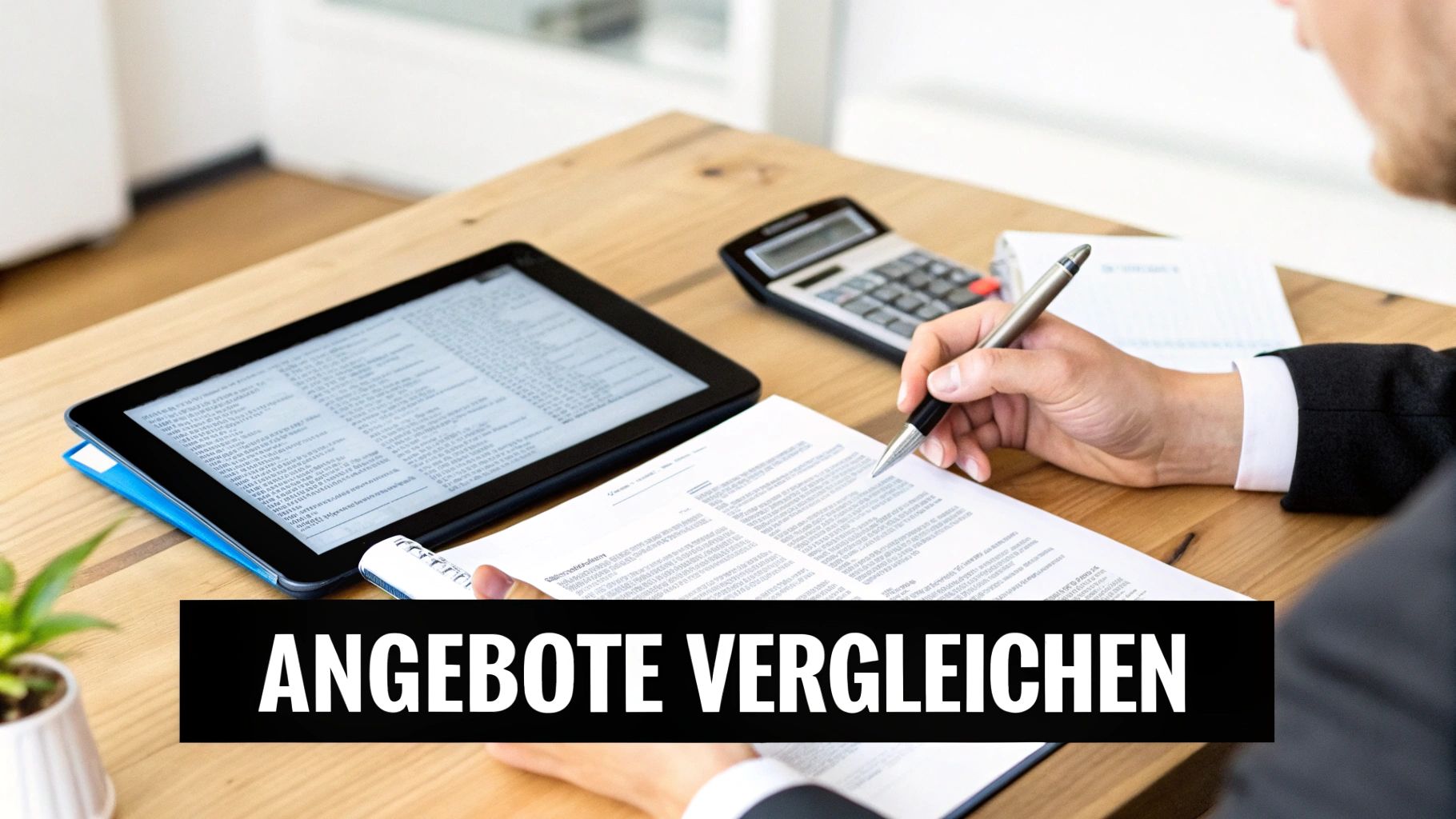 Mann in Anzug vergleicht Angebote auf Tablet und Papier, mit Rechner auf Holztisch.