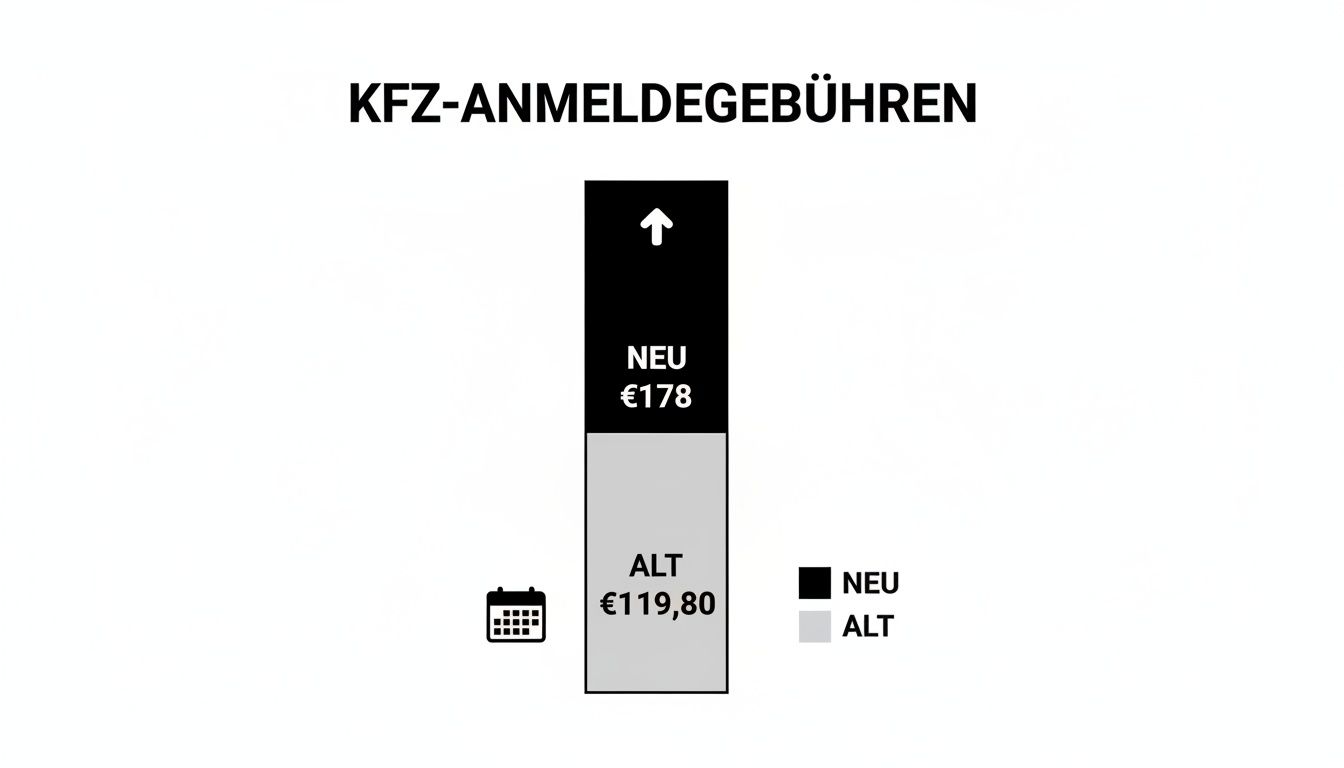 Übersicht der KFZ-Anmeldegebühren in Österreich, zeigt den Anstieg von alt (€119,80) auf neu (€178).